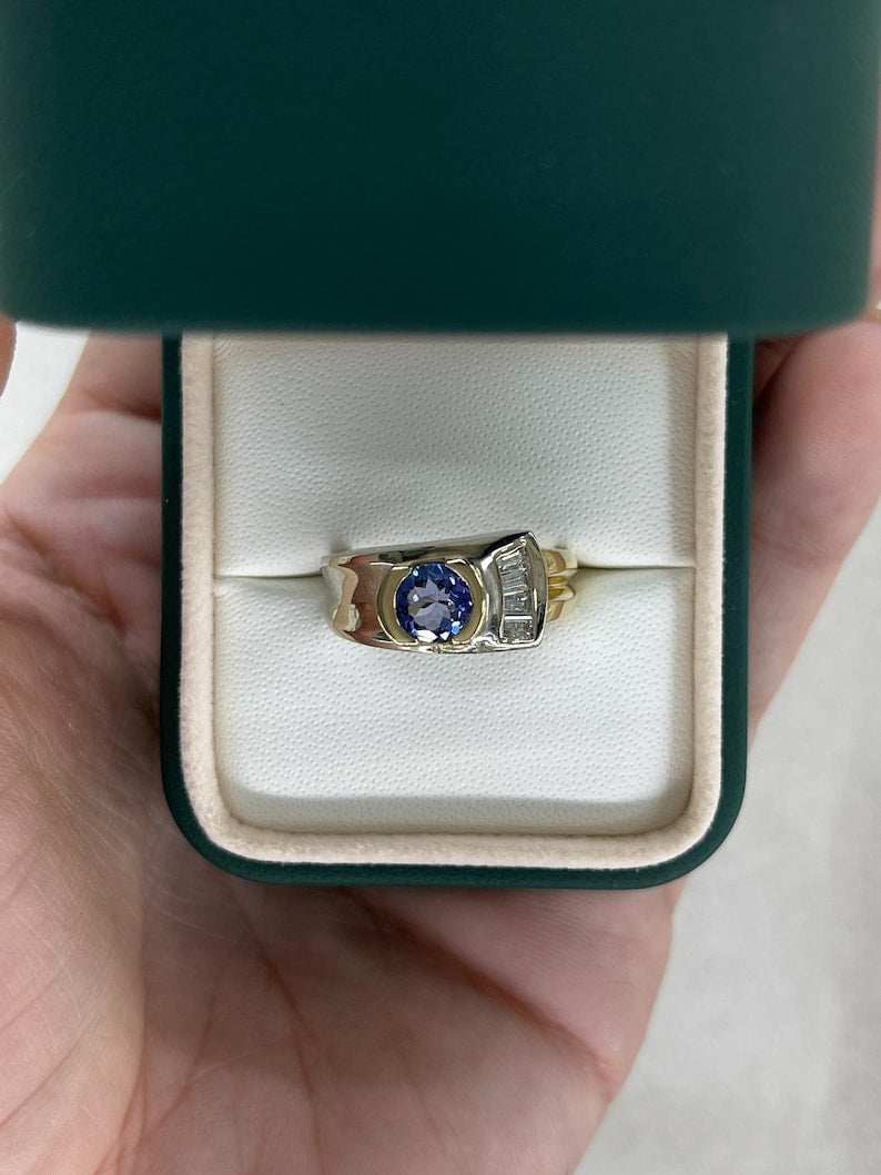 1.12tcw Vivid Violet Round Cut Tanzanite & Diamond Ring in 14K Two-Tone Gold – Perfect for Engagement, Anniversary & Special Occasion Gifts