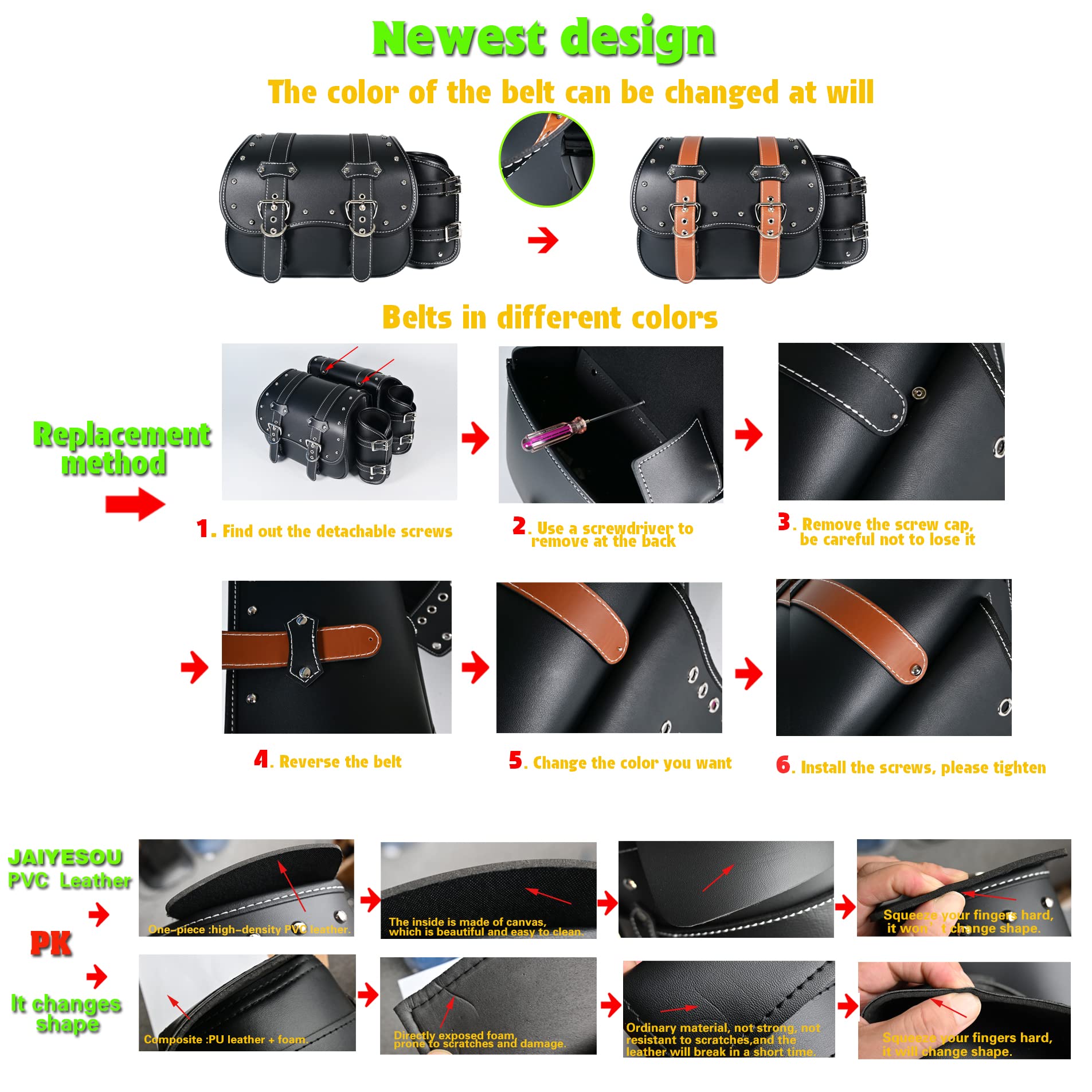 Premium PVC Leather Motorcycle Saddlebags - Universal Throw Over Panniers with Cup Holder & Side Tool Storage | Waterproof Motorbike Side Bags (1 Pair, Brown Belt & Black) | Perfect for Long Rides, Commuting & Adventure Touring