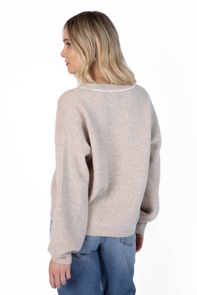 Elegant Beige & Ivory Rickrack Trim Cardigan for Women | Cozy Knit Sweater | Perfect for Fall & Winter Layering | Final Sale