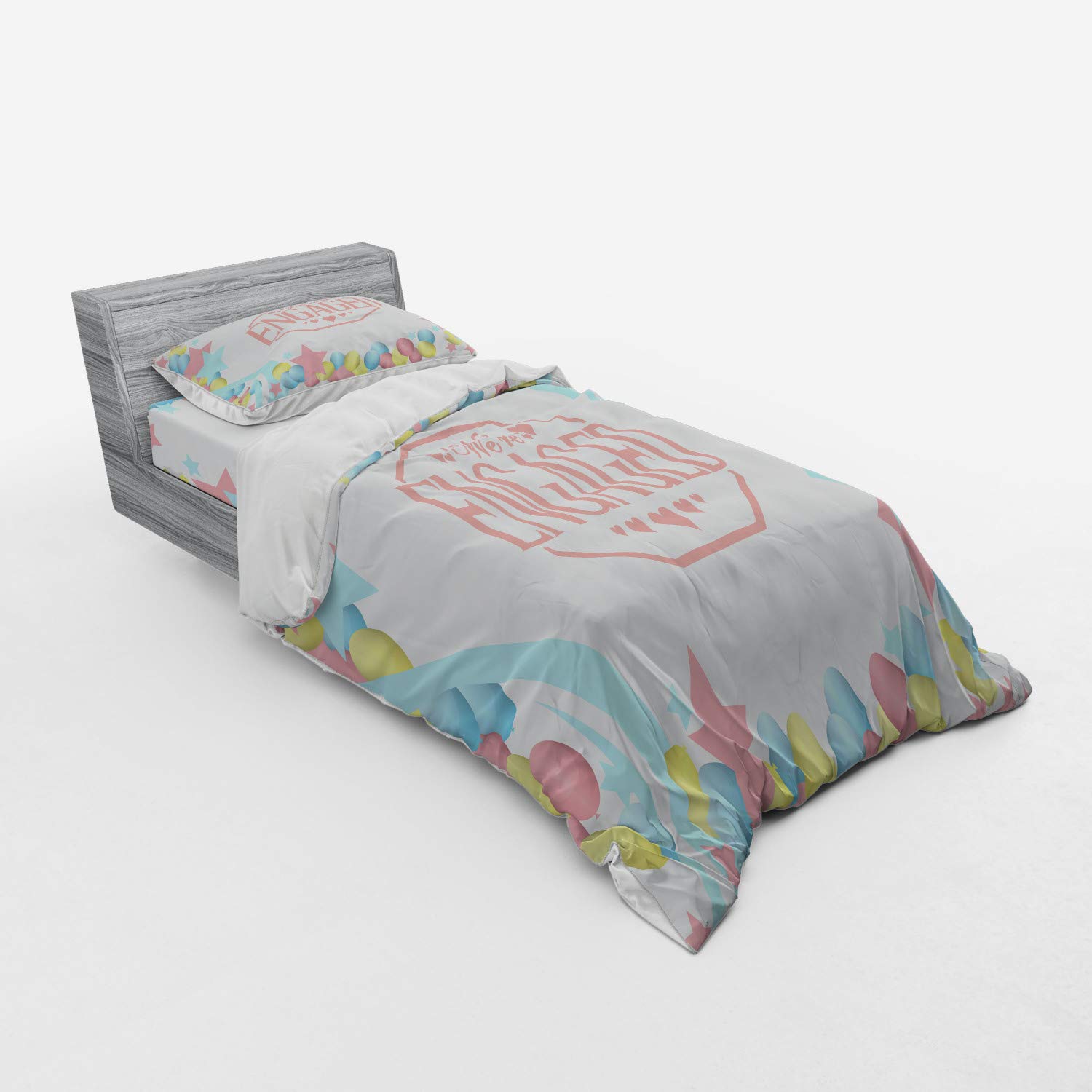 Ambesonne Engagement Party Duvet Cover Set - Vintage Balloons & Stars Design, 3-Piece Twin XL Bedding with Sham & Fitted Sheet in Pink Blue Green - Perfect for Engagement Celebrations, Bridal Showers & Newlywed Bedrooms