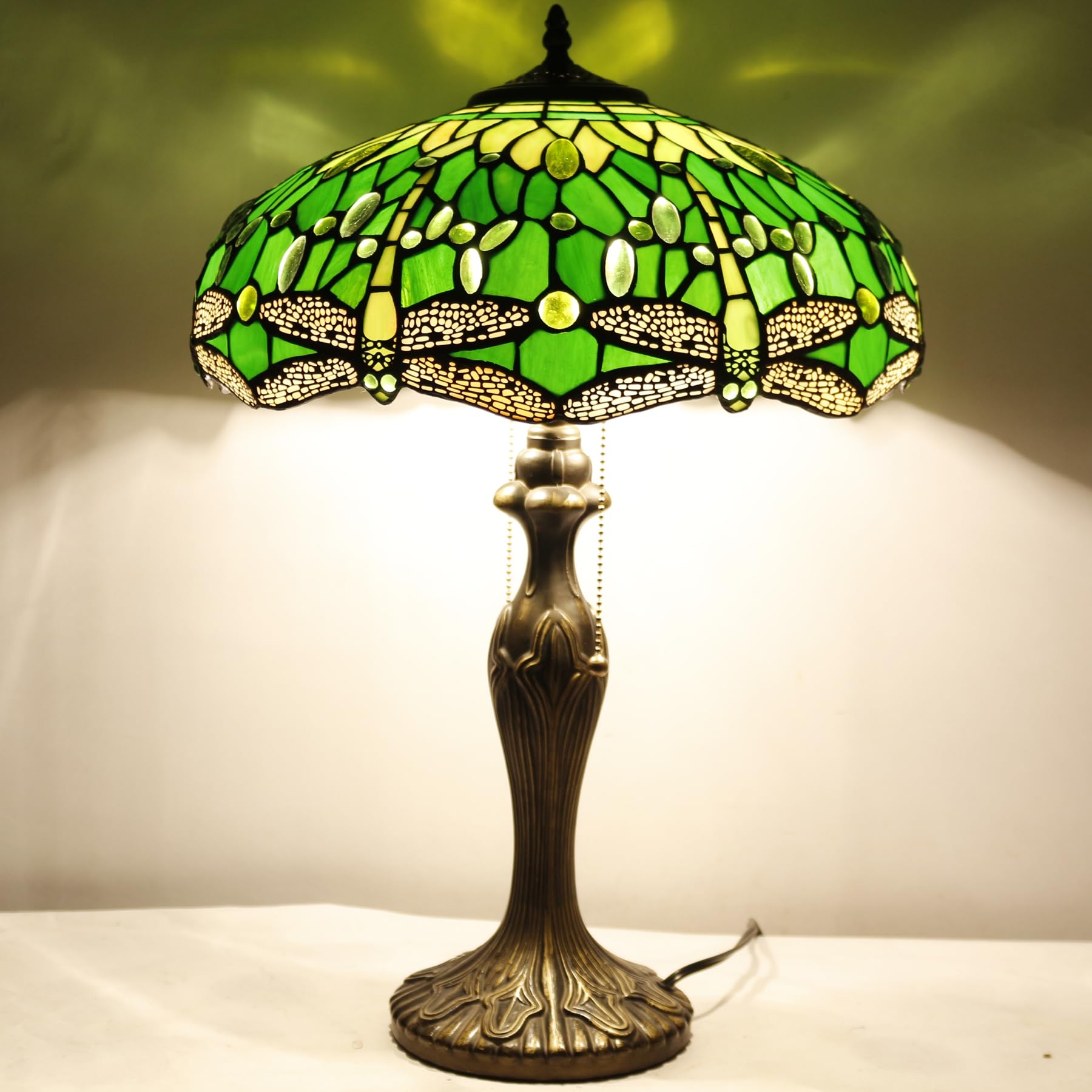 Tiffany Style Table Lamp - Green Stained Glass Dragonfly Design, 16x16x24 Inch Bedside Lamp with Metal Base for Bedroom, Living Room & Home Office | Perfect for Reading, Decor & Ambient Lighting (S459 Series)