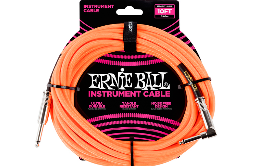 Ernie Ball 10-Foot Straight to Angle Braided Instrument Cable - High-Quality Guitar/Bass Cable with Durable Construction - Neon Orange for Stage & Studio Use