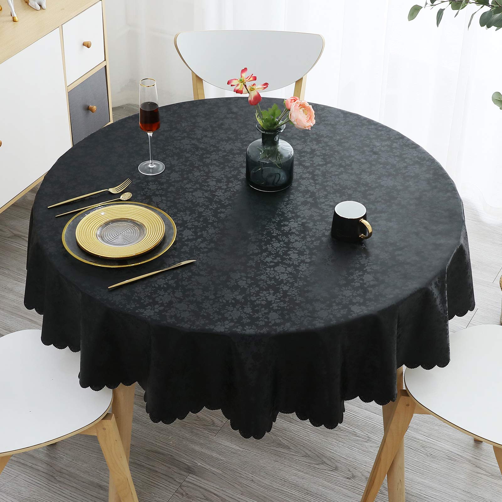 Smiry Round Table Cloth - Waterproof Heavy Duty Vinyl Table Cover, Wipeable & Washable, Perfect for Kitchen, Dining Room, and Outdoor Picnics (Black, 70