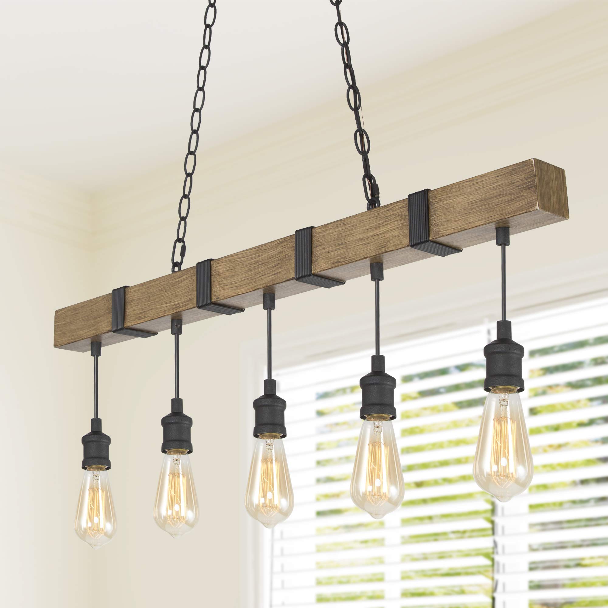Rustic Farmhouse Chandelier - 5-Light Kitchen Island Pendant Lighting with Black Wires & Faux Wood Finish - Perfect for Dining Room, Kitchen, and Country-Style Home Decor