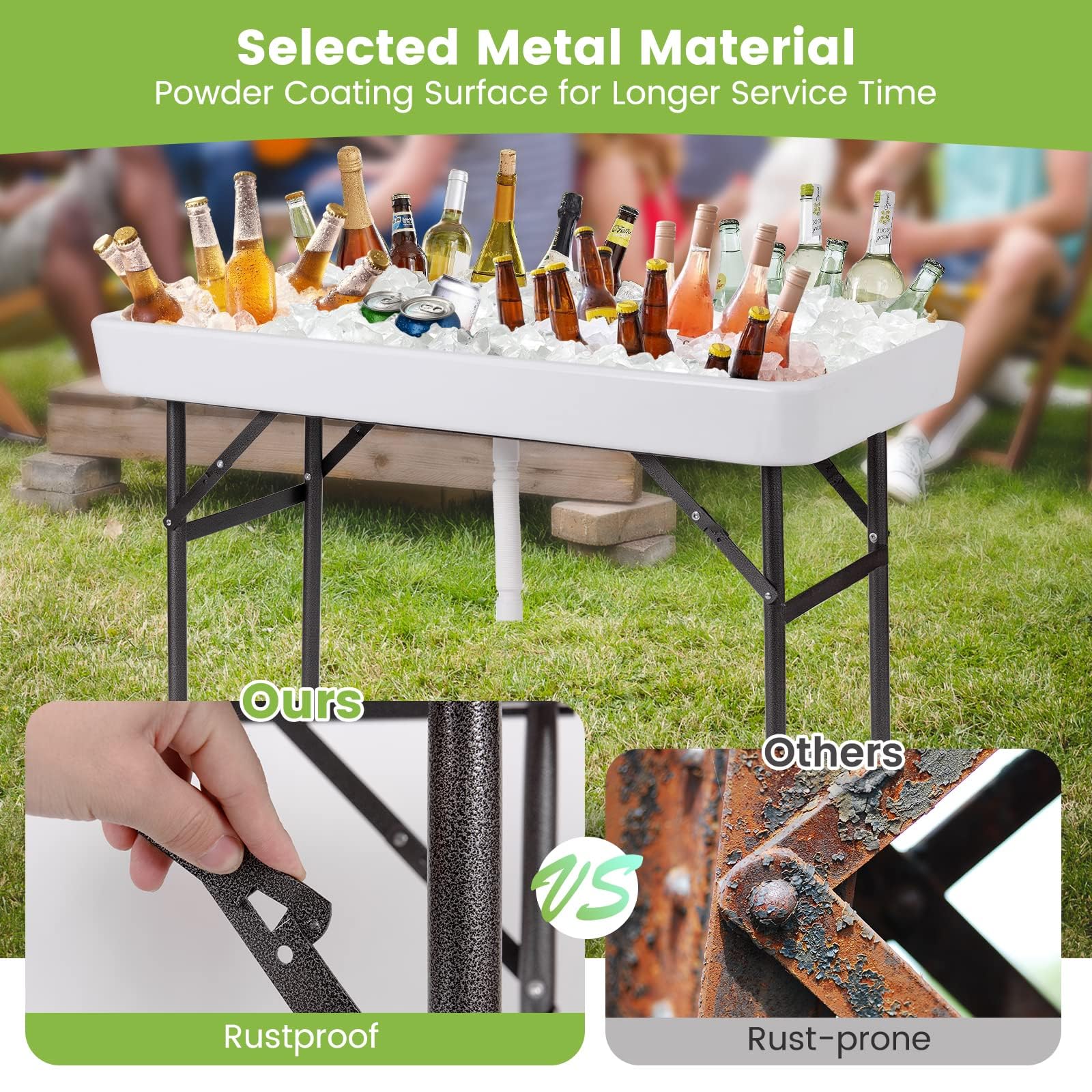 Giantex 4 ft Folding Ice Table with Drain - Portable Cooler with Removable Skirt, No Assembly Required - Fill & Chill Table for Food, Drinks & Beverages - Foldable Party Ice Bin for Camping, BBQ, Outdoor Events & Backyard Gatherings