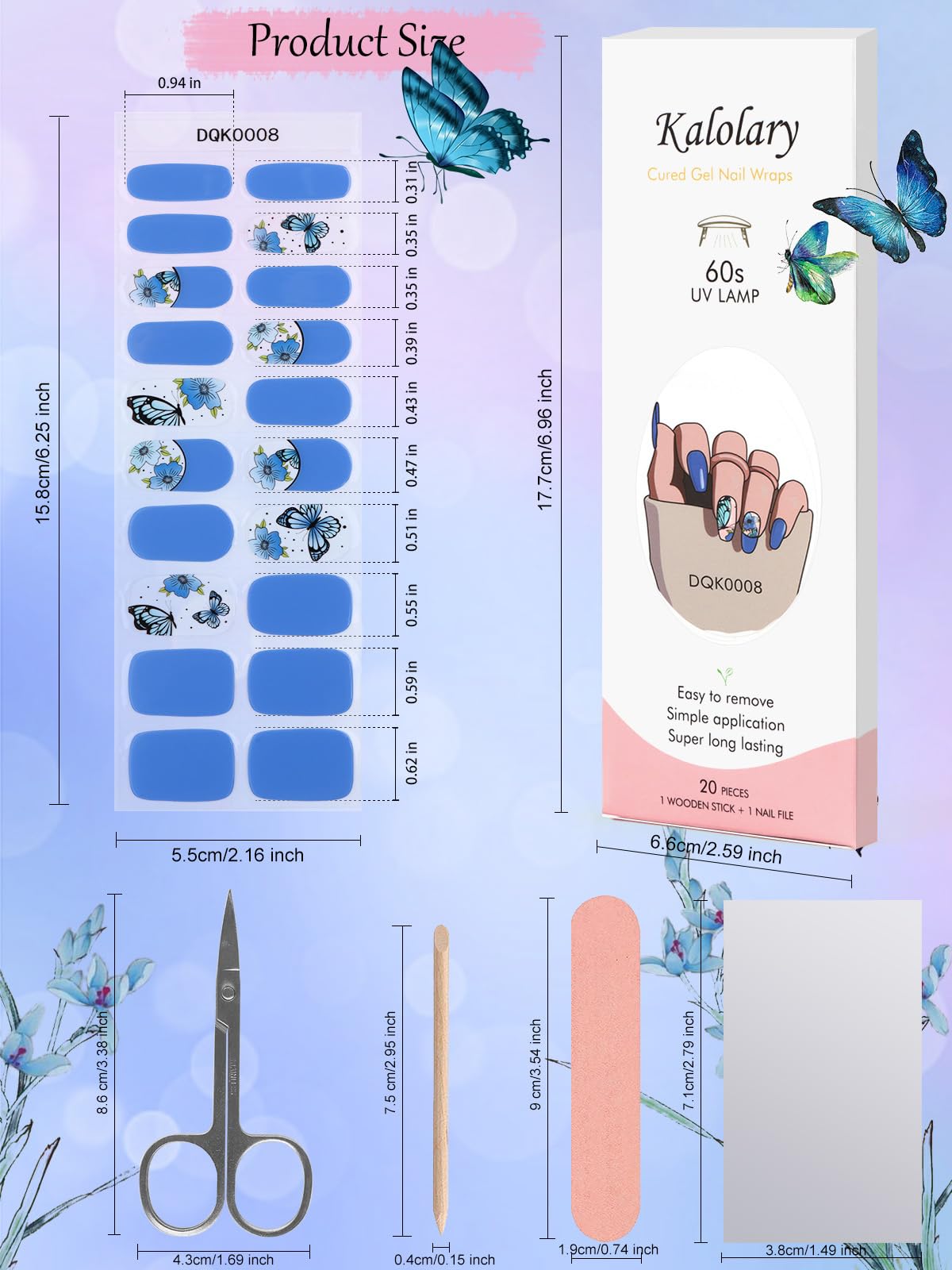 20PCS Semi-Cured Gel Nail Polish Strips - Blue Butterfly Self-Adhesive Nail Art Wraps, Waterproof DIY Nail Stickers for Women & Girls (UV/LED Light Required) | Perfect for Home Manicures, Parties, Weddings & Special Occasions