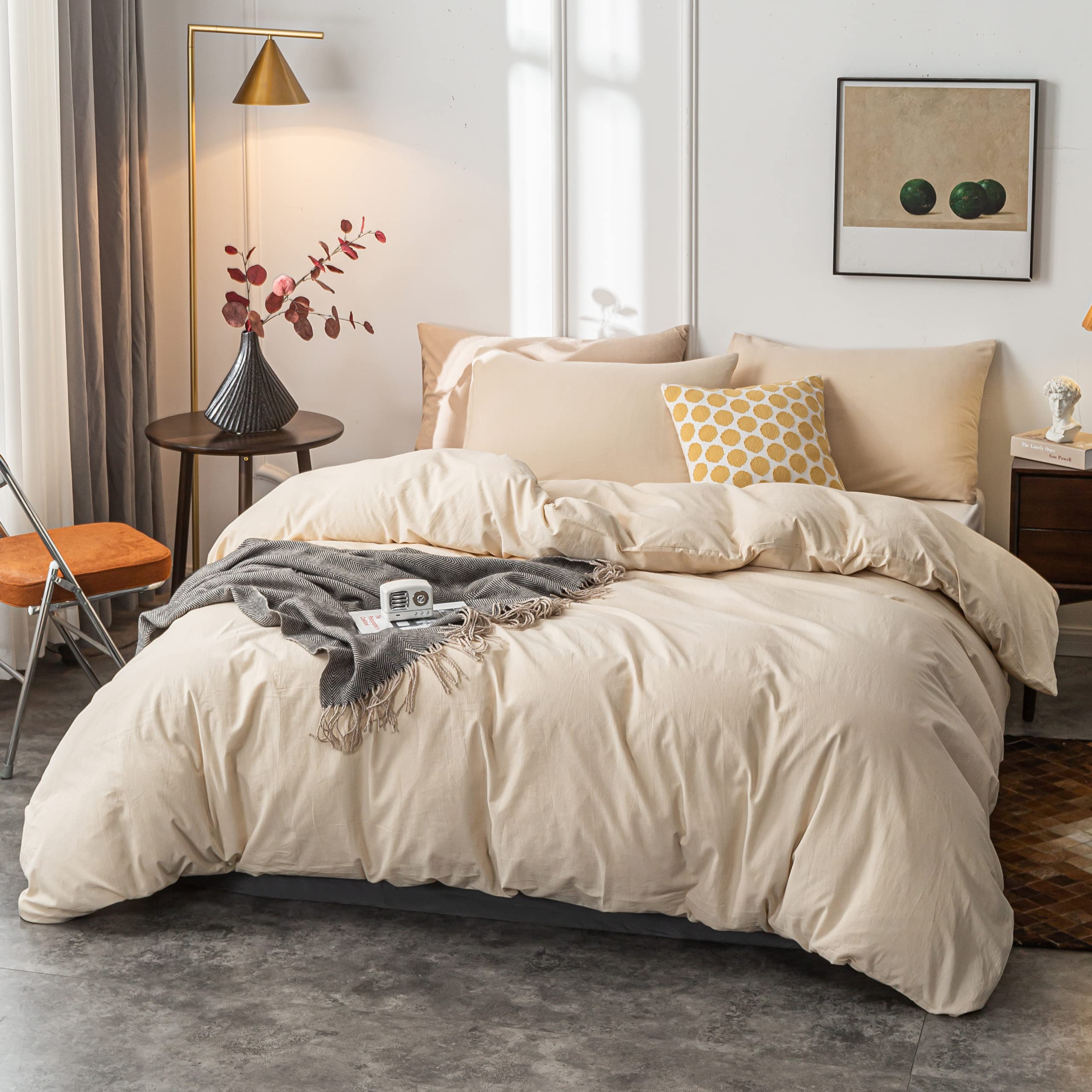 Janlive 100% Washed Cotton Duvet Cover Queen Size - Ultra Soft Solid Beige 3-Piece Bedding Set with Zipper Closure | Breathable & Comfortable for All Seasons, Perfect for Master Bedroom, Guest Room & Vacation Homes