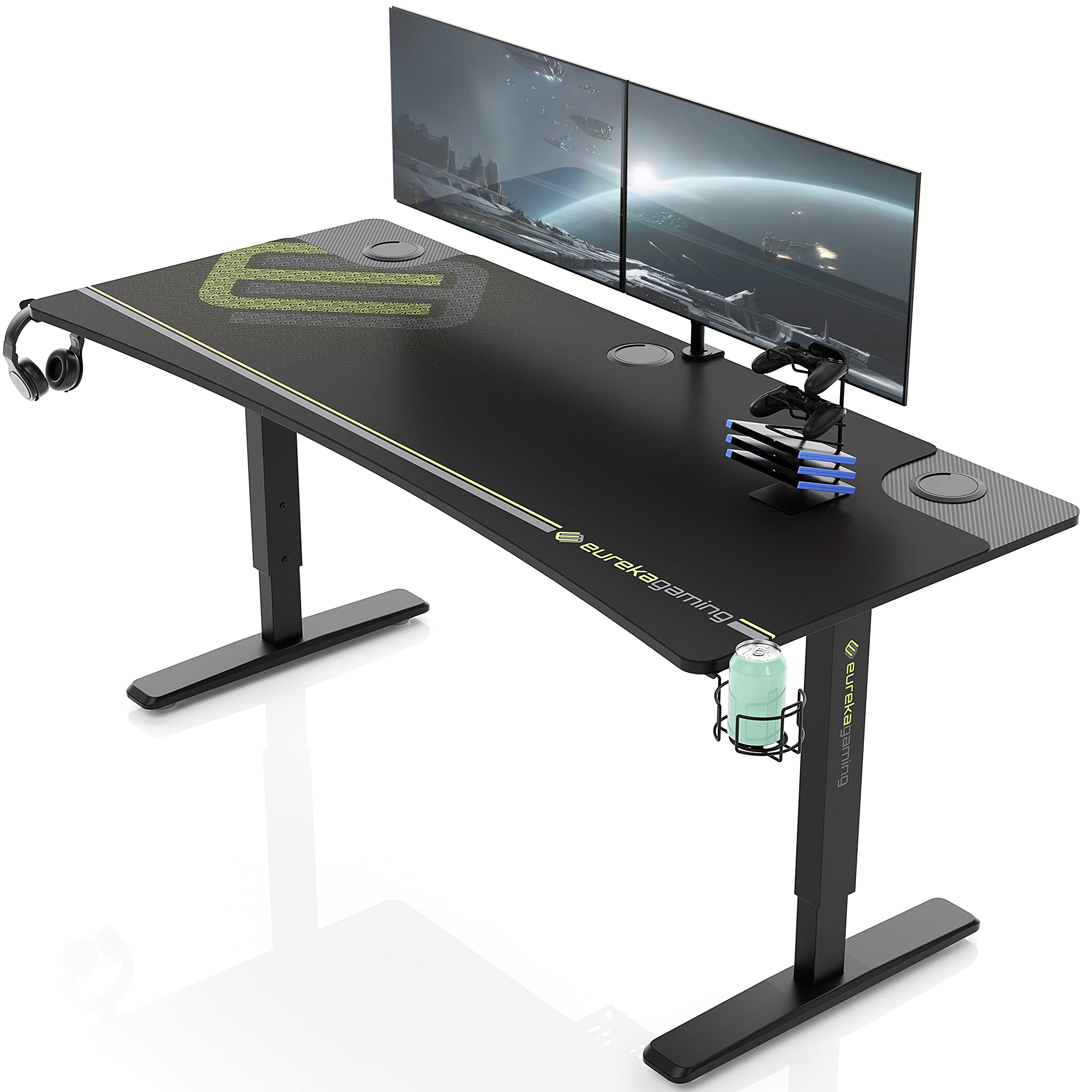 EUREKA ERGONOMIC 63 Inch Height Adjustable Gaming Standing Desk - Manual Mechanical Lift, Large Home Office Desk with Curved Edge, Dual Monitor & Controller Stand - Perfect for PC Gaming, Work from Home & Ergonomic Workspace Setup
