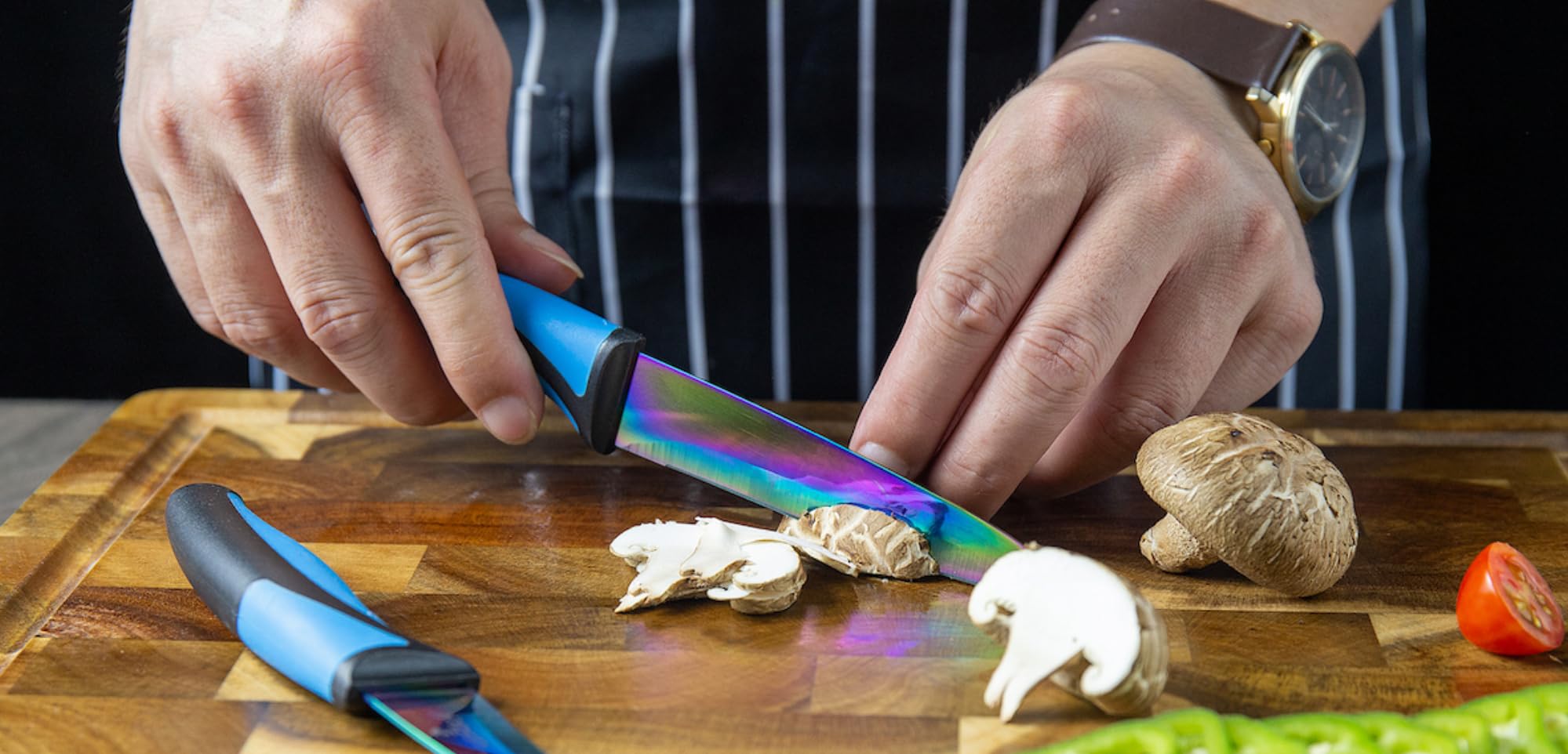 5-Piece Colorful Kitchen Knife Set with Knife Sharpener & Magnetic Wall Bar - Titanium Non-Stick Coated Stainless Steel - Dishwasher Safe - Perfect for Home Cooking, Gift & Professional Chefs