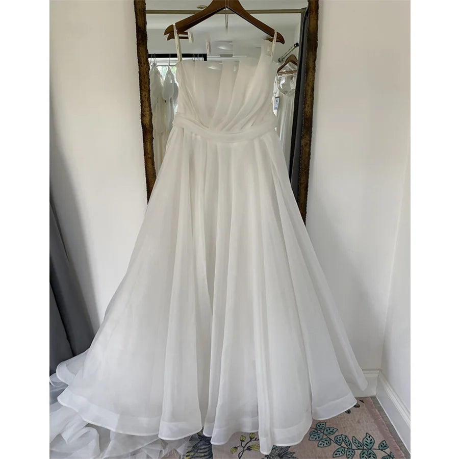Elegant Boat Neck Detachable Puff Sleeve Pleated A-Line Wedding Dress for Brides - Perfect for Beach, Garden & Church Ceremonies