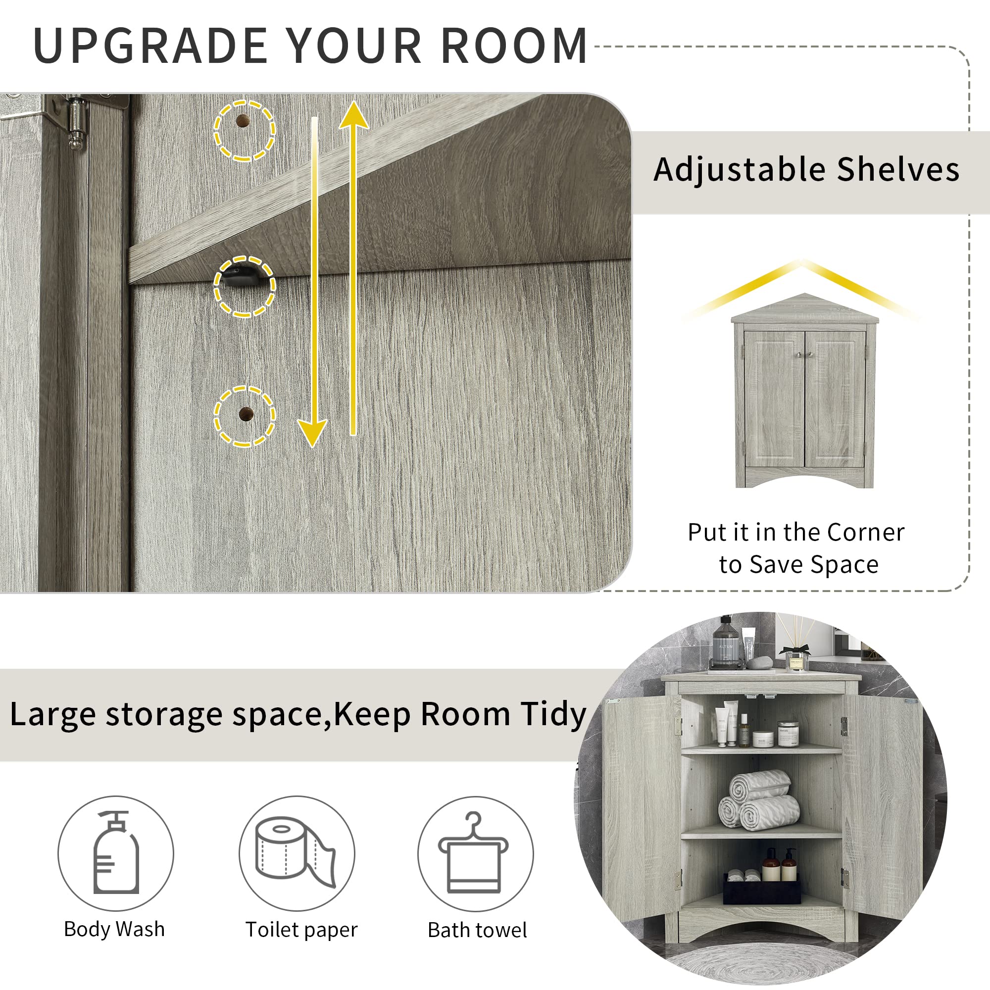 P PURLOVE Adjustable Shelf Bathroom Storage Cabinet - Freestanding Triangle Floor Organizer for Bathroom, Kitchen & Living Room - Oak Finish with Ample Storage Space - Perfect for Small Spaces & Home Organization