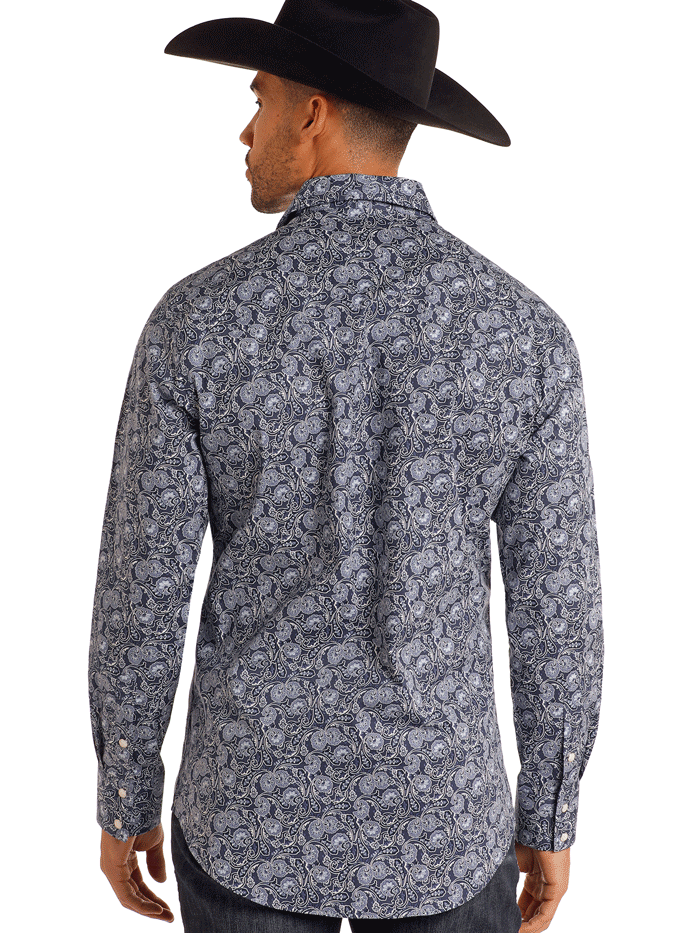 Rock & Roll Denim BMN2S05485 Men's Long Sleeve Paisley Snap Button Shirt Blue - Vintage Western Style for Concerts & Casual Wear