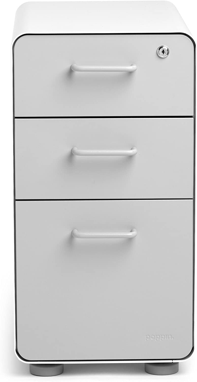 Poppin Slim Stow 3-Drawer File Cabinet - White & Light Gray | 2 Utility Drawers + 1 Hanging File Drawer | Powder-Coated Steel Office Storage | for Home Office, Workspace & Classroom Organization