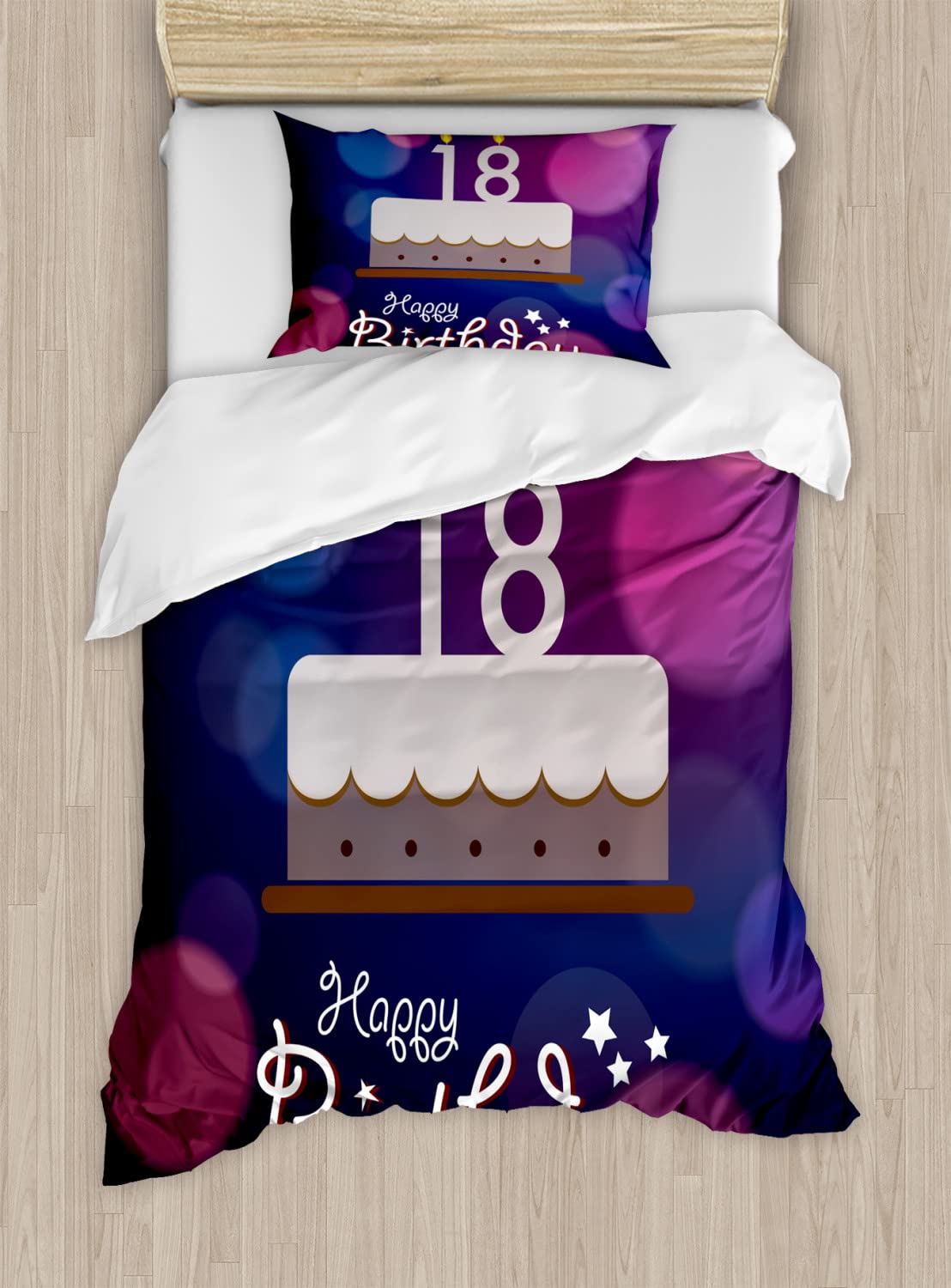 Ambesonne 18th Birthday Duvet Cover Set - Vibrant Cartoon Cake with Candles Design, Twin Size 2-Piece Bedding Set (2 Duvet Covers + 2 Pillowcases) in Purple & Lilac - Perfect for Teen Bedrooms, Birthday Parties & Dorm Decor