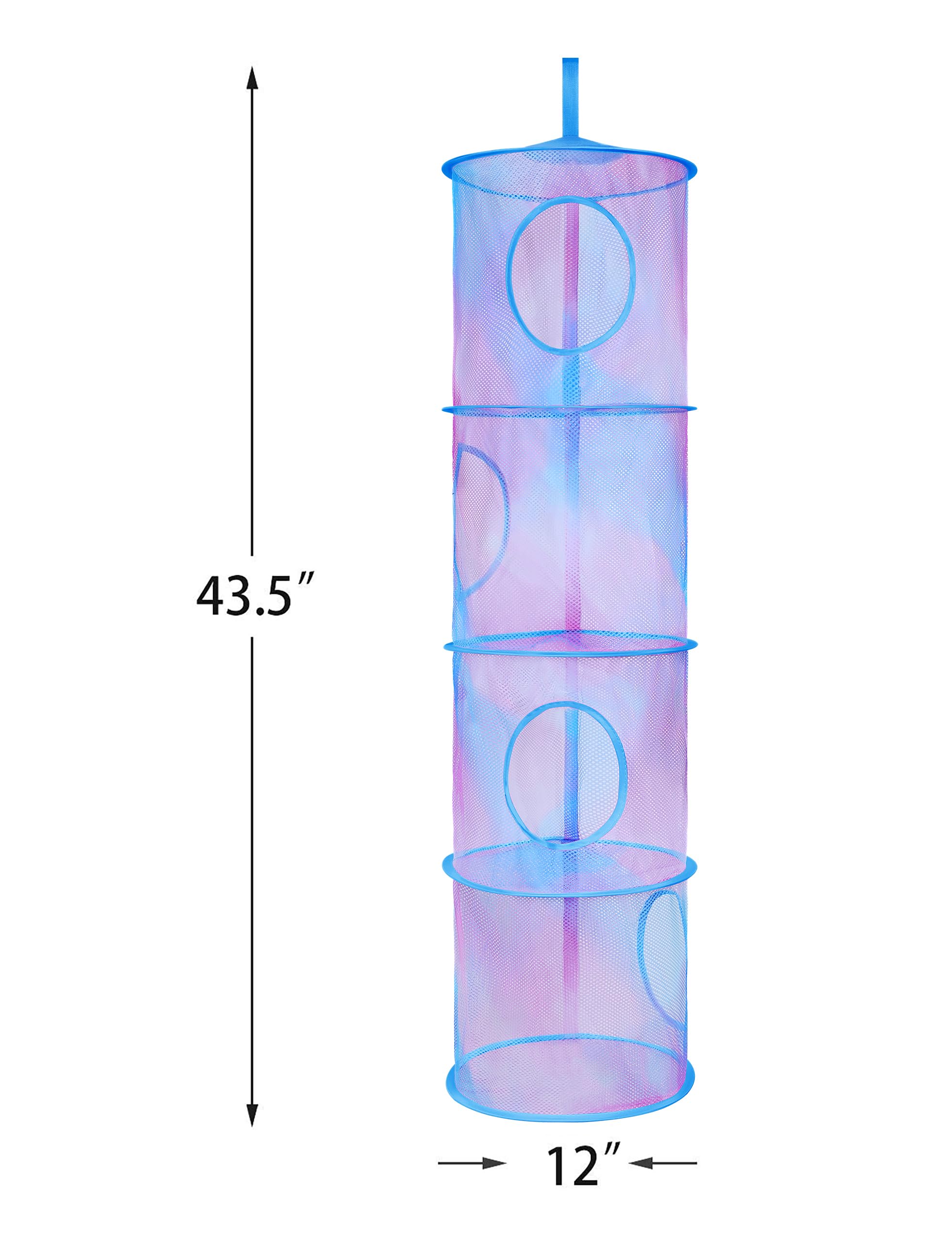 Coastal Rose 2-Pack Foldable Stuffed Animal Storage Net & Toy Hammock Organizer - 4 Compartment Hanging Mesh for Kids Room, Toys, Socks, Gloves & Hats (Pink Blue Tie Dye) - Perfect for Nursery, Playroom & Bedroom Organization