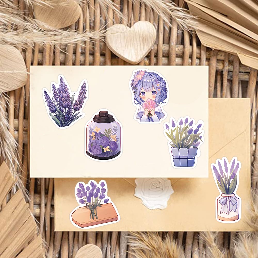 50Pcs Lavender Flower Stickers - Waterproof Vinyl Decals for Water Bottles, Laptop, Luggage, Cup, Phone & Skateboard - Perfect for DIY Crafts, Scrapbooking & Personalizing Accessories