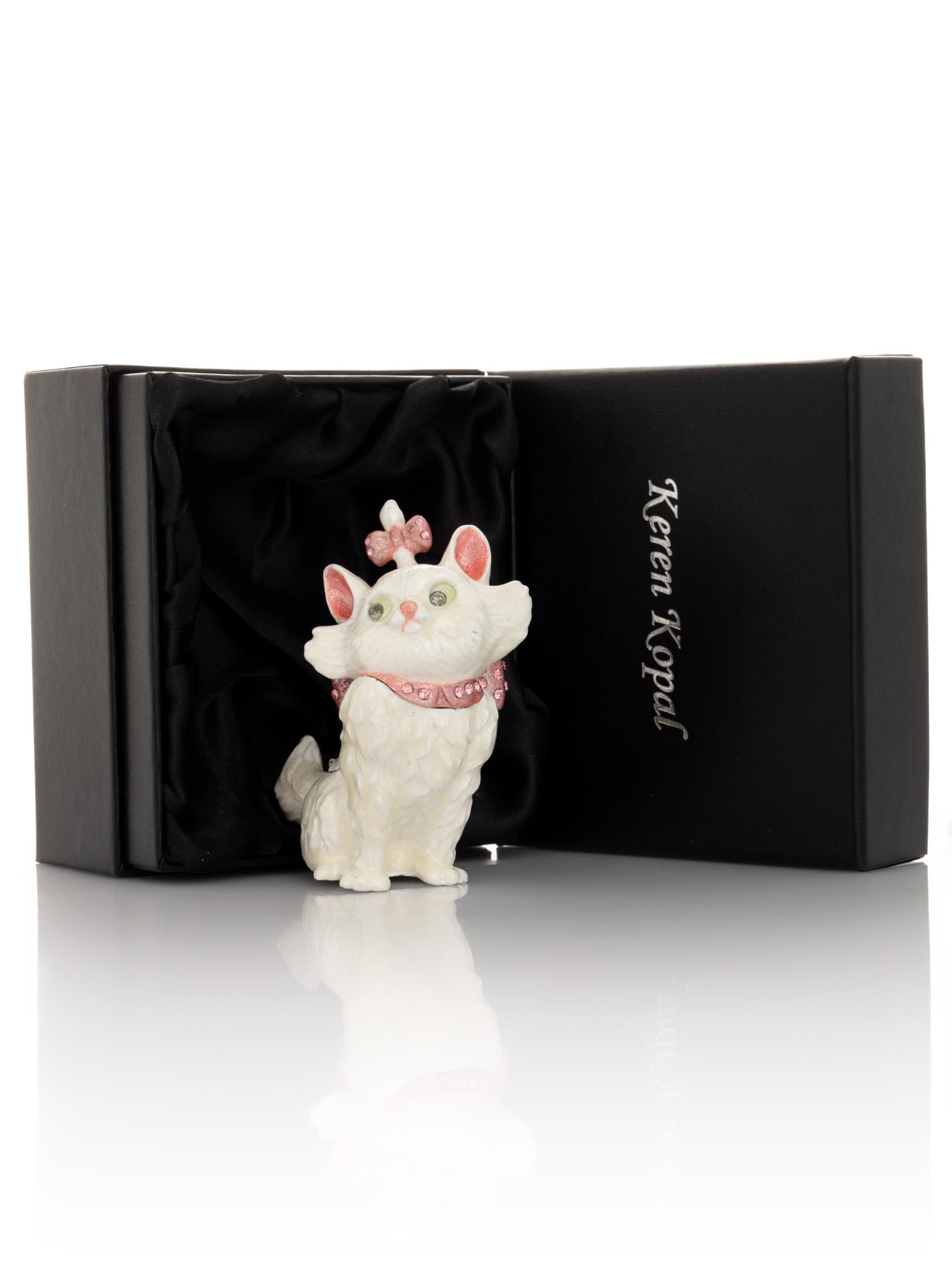 White & Pink Enamel Painted Faberge Style Cat Jewelry Trinket Box - Perfect for Home Decor, Gift Giving & Jewelry Storage
