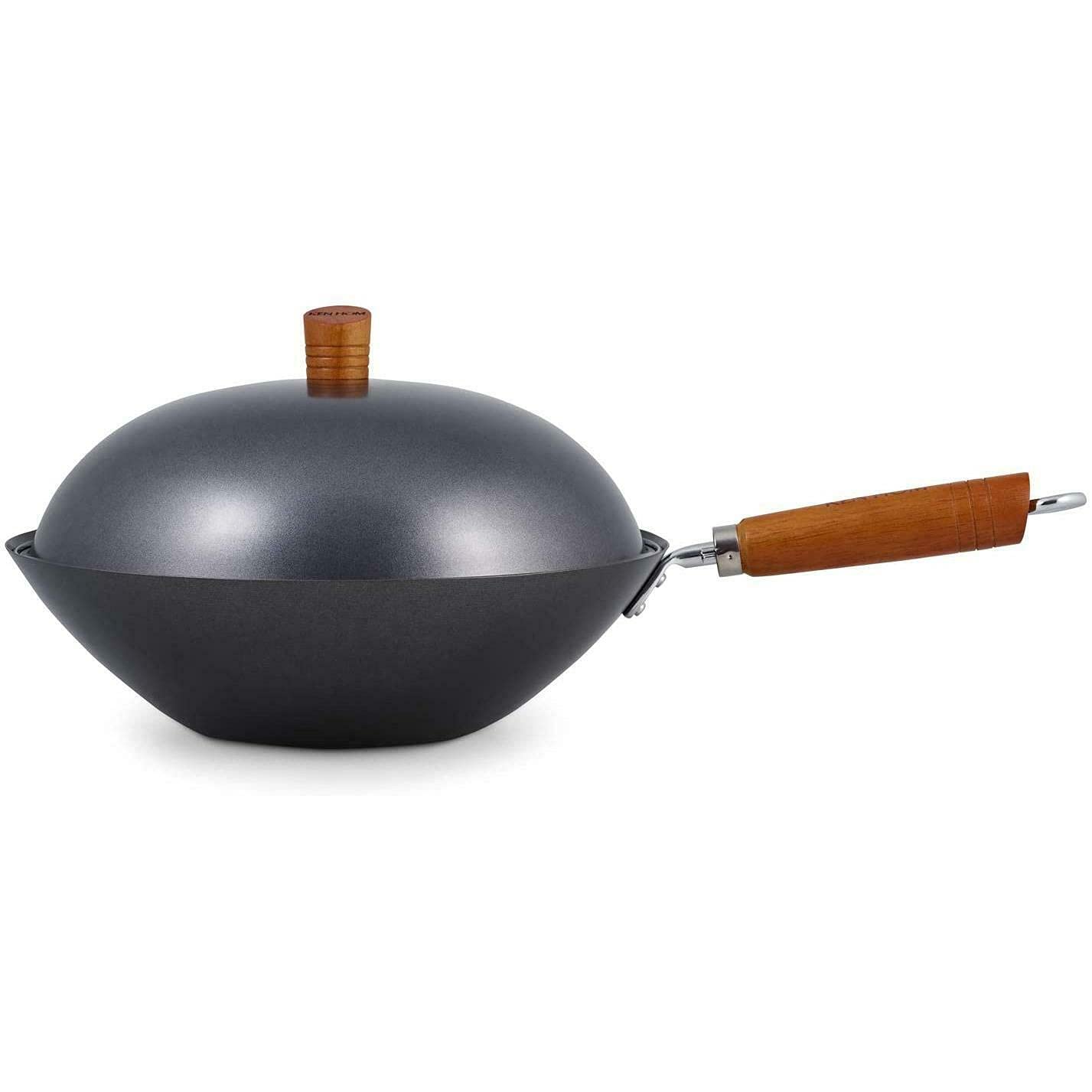 Ken Hom KH331051 5-Piece Nonstick Carbon Steel Wok Set, 31cm Classic Flat Bottom Pan with Lid - Induction Incompatible, Hand Wash Only, 2-Year Warranty - Perfect for Asian Stir-Fry, Home Cooking & Professional Kitchens