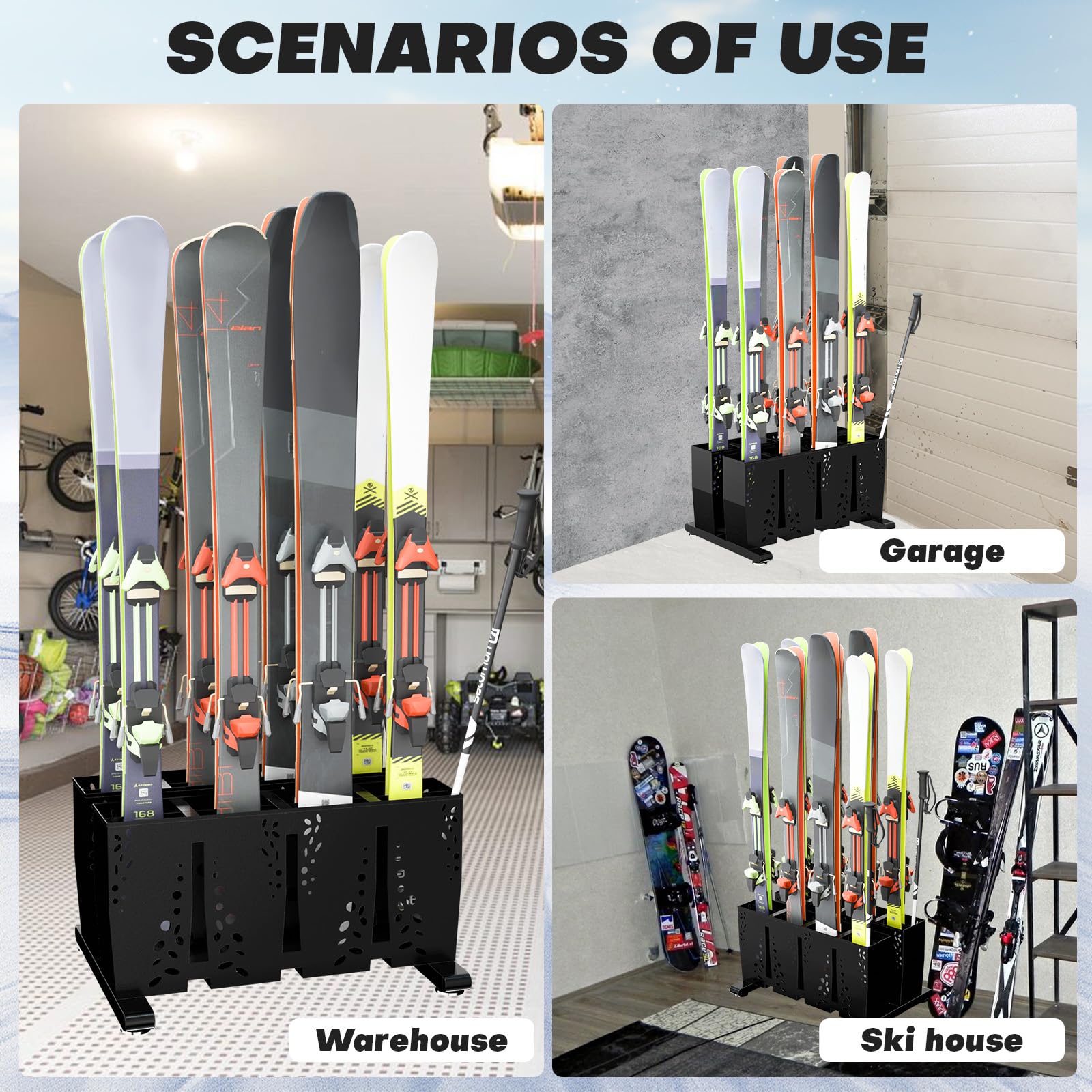 Heavy Duty 8 Pair Steel Ski Storage Rack for Garage & Home - Freestanding Ski Organizer Holder for Indoor and Outdoor Use - Perfect for Winter Sports Equipment Organization