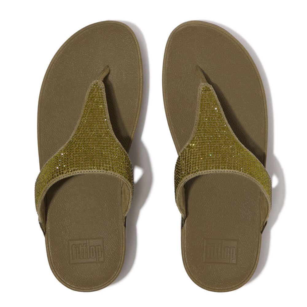 FitFlop Lulu Crystal Embellished Sandals for Women - Metallic Camo Green | Comfortable & Stylish Summer Flip Flops | Perfect for Beach, Pool, and Casual Outings