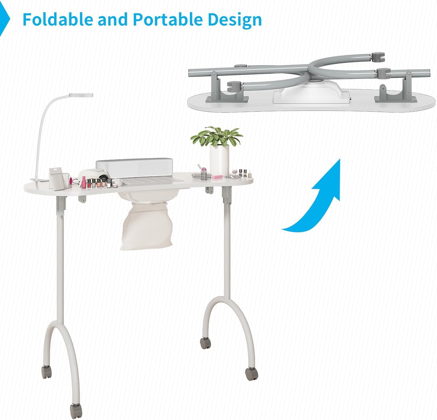 Portable Foldable Nail Table with LED Light & Dust Collector - Professional Manicure Desk with Detachable Wrist Cushion & Carrying Bag - Perfect for Home Salon, Mobile Nail Tech & Beauty Professionals