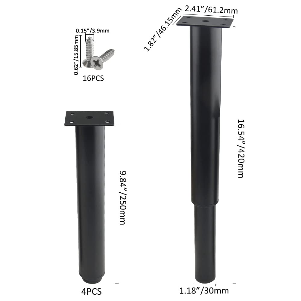 4 Pack Heavy Duty Adjustable Metal Furniture Legs 10-16.6 Inch - Cabinet, Bed Frame, Table & Sofa Support Legs - Black (Perfect for DIY Furniture Projects & Home Office Setup)