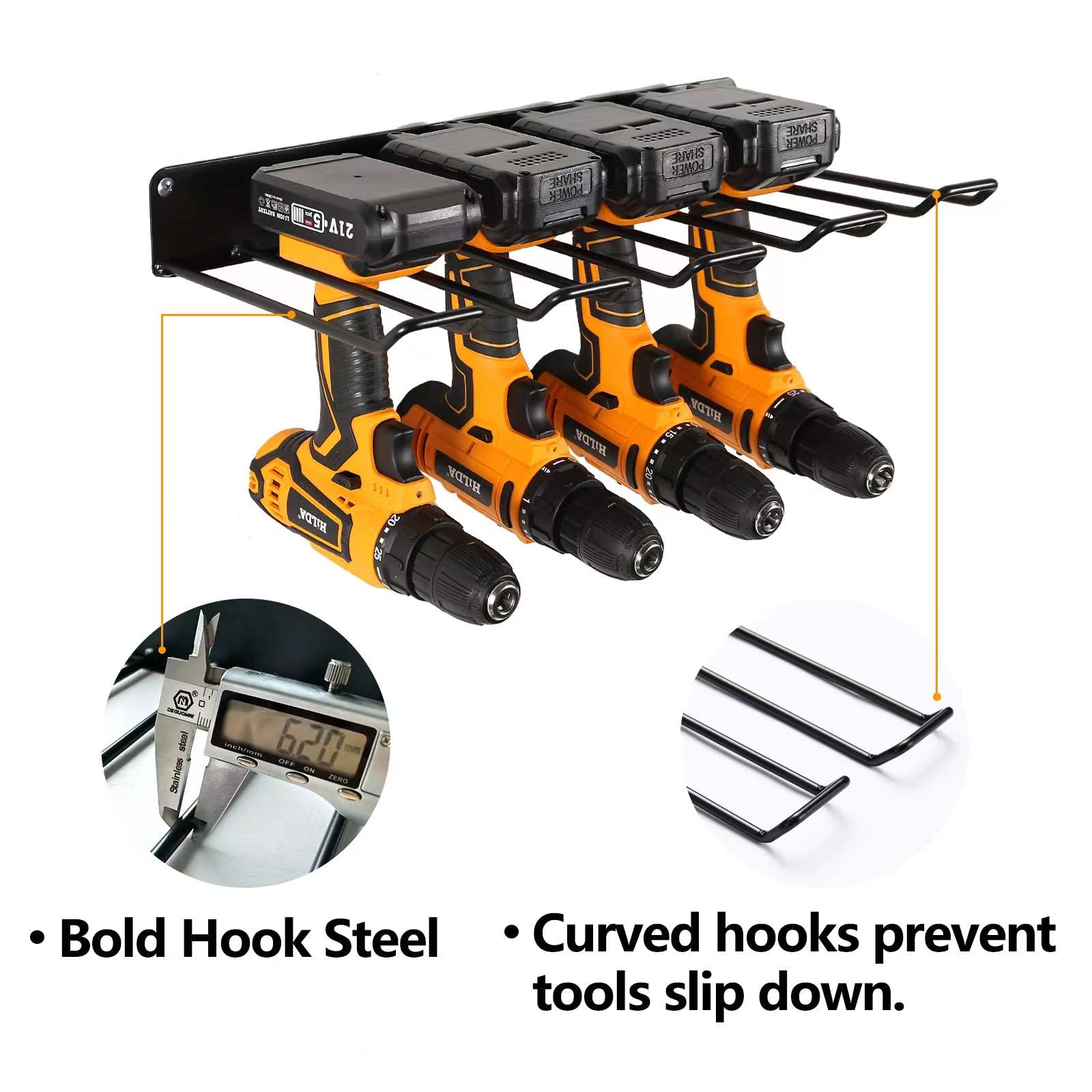 Heavy Duty Metal Power Tool Organizer with Charging Station - Wall Mount Drill Holder & Garage Storage Shelves (2-Pack 4-Set, Black) - Perfect for Workshop, Garage & DIY Projects