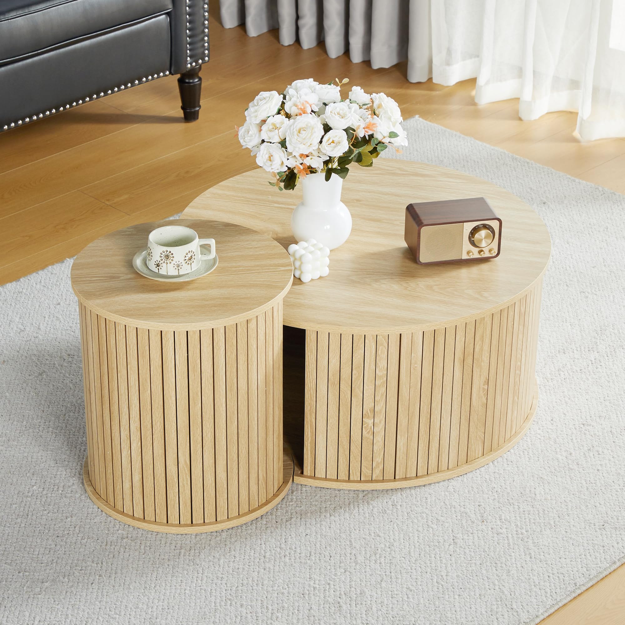 Nesting Coffee Table Set of 2 - Round Wooden Side Tables for Living Room, Office & Balcony | Modern Circle Coffee Tables in Natural Wood Finish | Perfect for Small Spaces, Home Decor & Coffee Time