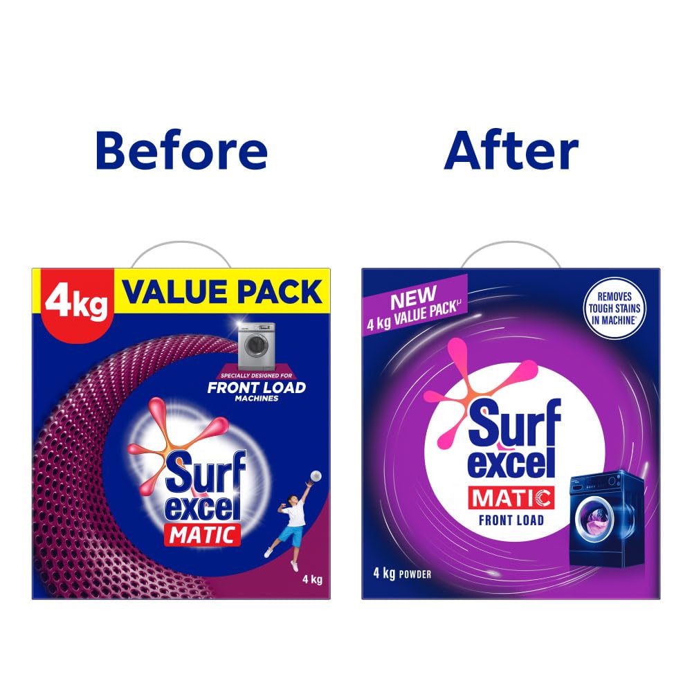 Surf Excel Matic Front Load Washing Machine Detergent Powder 3+1 kg | Heavy Duty Stain Remover for Tough Laundry | Ideal for Front-Loading Washing Machines | Fresh & Clean Clothes for Everyday Use