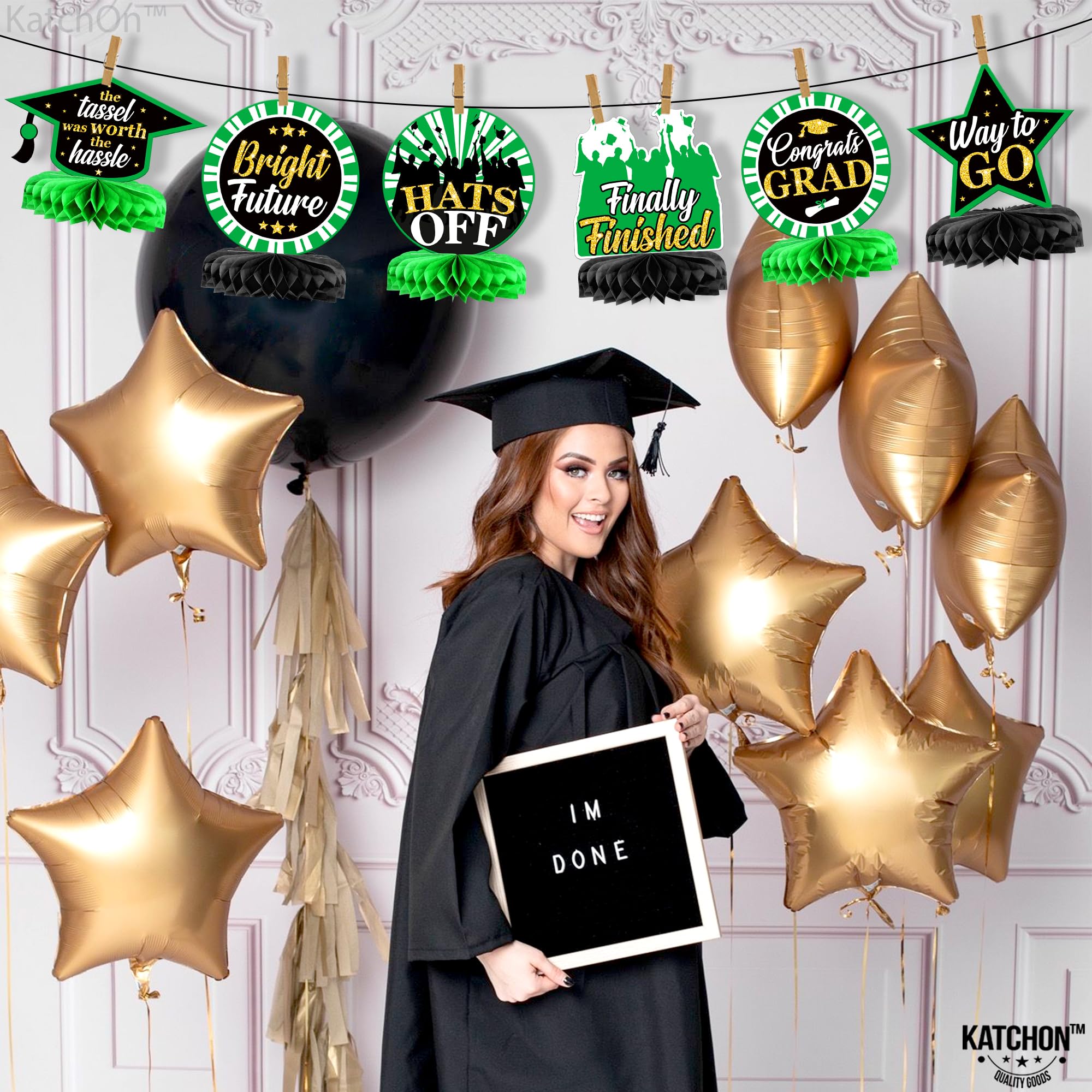 KatchOn Graduation Honeycomb Centerpieces - Pack of 9, Green & White Table Decor for 2025 Graduation Parties, Commencement Ceremonies & School Celebrations