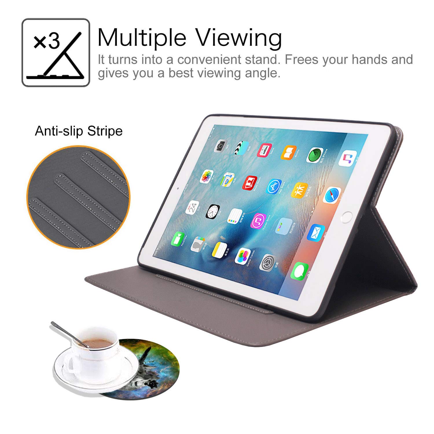 Premium Multi-Angle Folio Stand Case with Auto Wake/Sleep for Apple iPad 6th/5th Gen (2018/2017) & iPad Air/Air 2 - Galaxy Flying Cat Design - Perfect for Work, Study & Travel Protection (Includes Coasters)