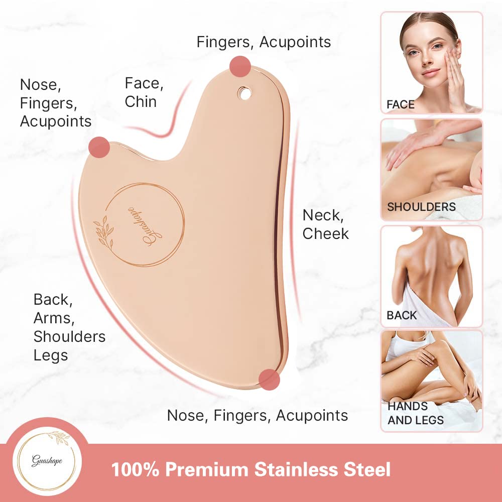 Premium Gua Sha Facial Tools Set - Stainless Steel (Rose Gold) & Rose Quartz Stone for Skin Care, Lymphatic Drainage & Anti-Aging - Perfect for Home Spa, Self-Care Routine & Gift Giving
