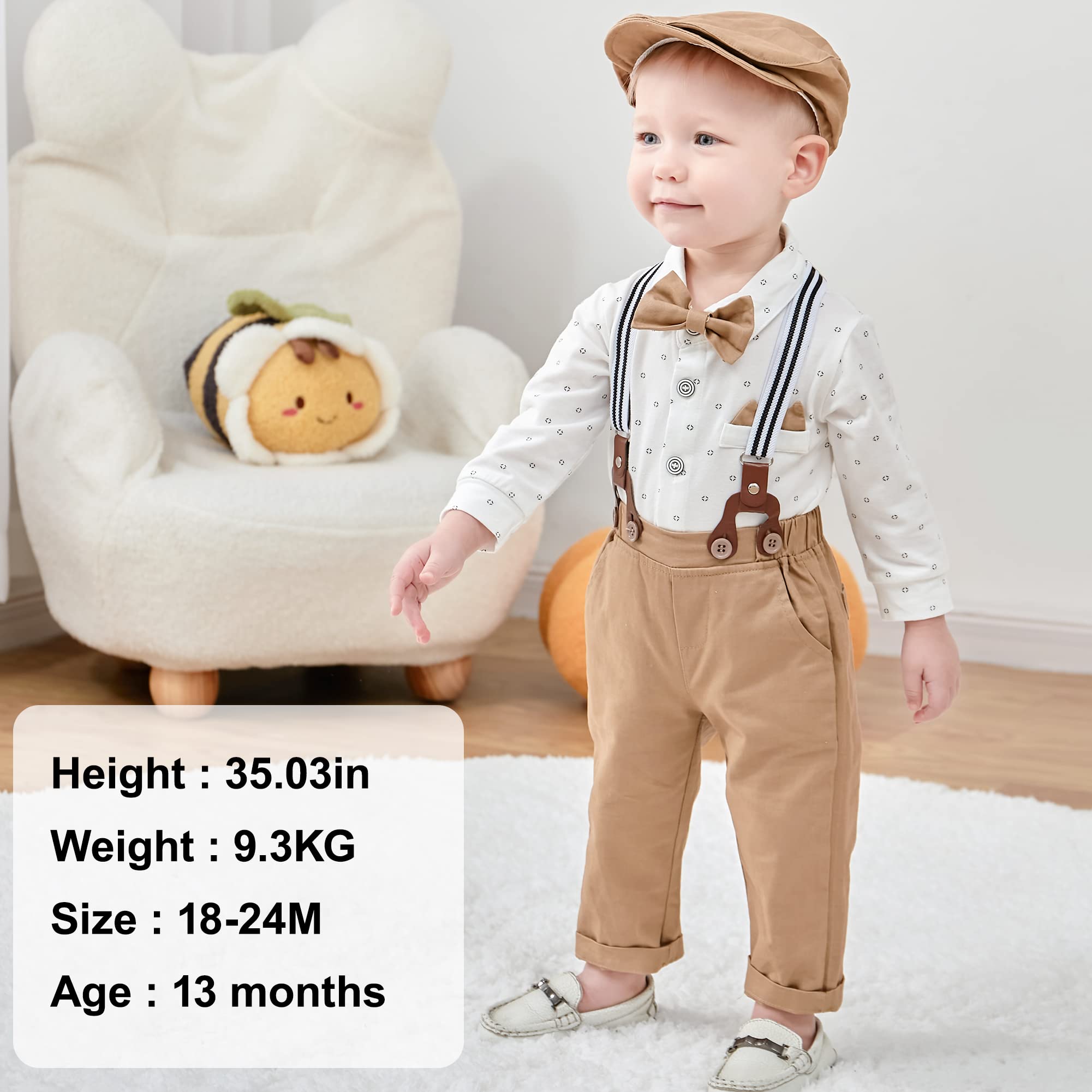 WESIDOM Baby Boy Clothes Set 0-18 Months - Gentleman Outfit with Shirt, Bowtie, Beret & Suspenders | Newborn Infant Formal Wear for Photoshoots, Parties & Special Occasions