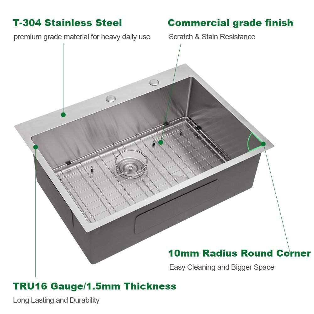 30 Inch Stainless Steel Topmount Kitchen Sink - Sarlai 16 Gauge Deep Single Bowl Basin with Round Corners, Ideal for Modern Home Kitchens and Renovations