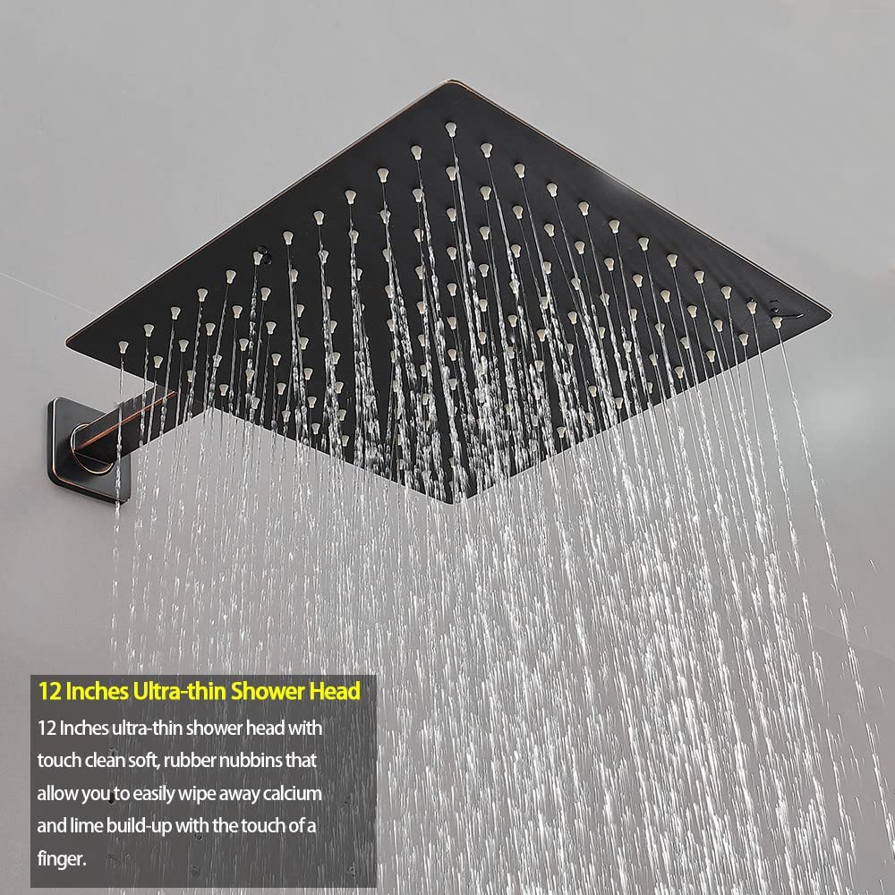 Oil Rubbed Bronze Shower System - 12 Inch Luxury Rain Shower Head with Handheld Combo, Wall Mounted High Pressure Rainfall Shower Faucet Set with Valve and Trim - Perfect for Modern Bathroom Renovation & Spa-Like Shower Experience