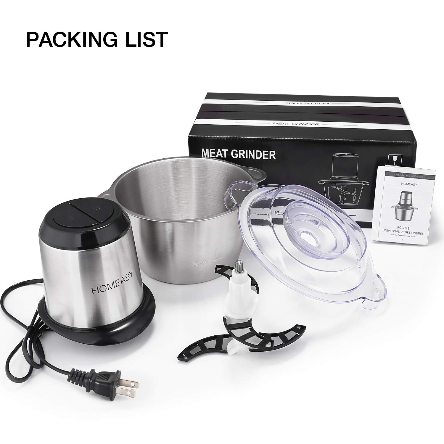 Electric Meat Grinder & Food Processor - 2L Stainless Steel Meat Blender, Vegetable Chopper & Nut Grinder with 4 Sharp Blades (350W, 8 Cups) - Perfect for Home Kitchen, Meal Prep, Baby Food & Smoothies