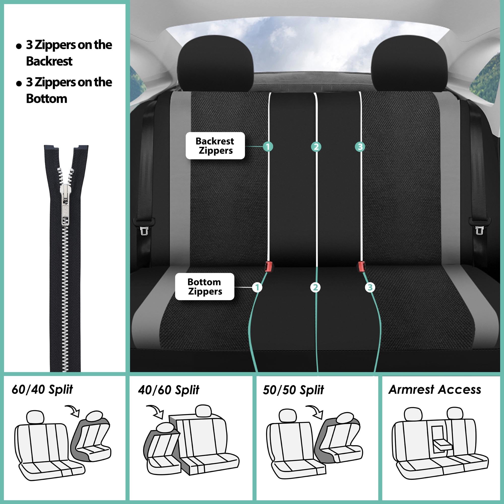 FH Group Universal Fit Sports Car Seat Cover - Split Bench Design for Detachable Headrests & Split Seats - Gray Automotive Seat Protector - Perfect for Cars, Trucks & SUVs - Great for Road Trips, Daily Commutes & Outdoor Adventures