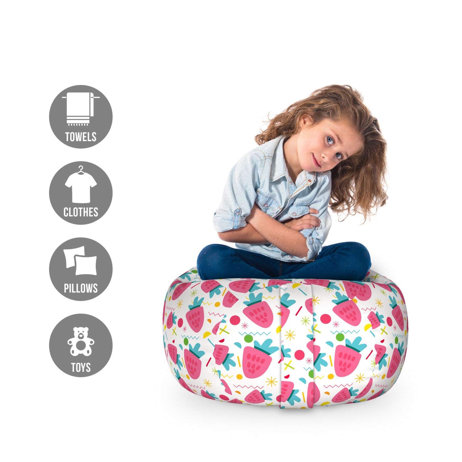 Ambesonne Strawberry Themed Toy Storage Bag Chair - Doodle Zigzags, Circles & Fruits Pattern - Washable Stuffed Animal Organizer - Small Size in Pink, Seafoam & White | Perfect for Kids' Room, Playroom & Nursery Organization