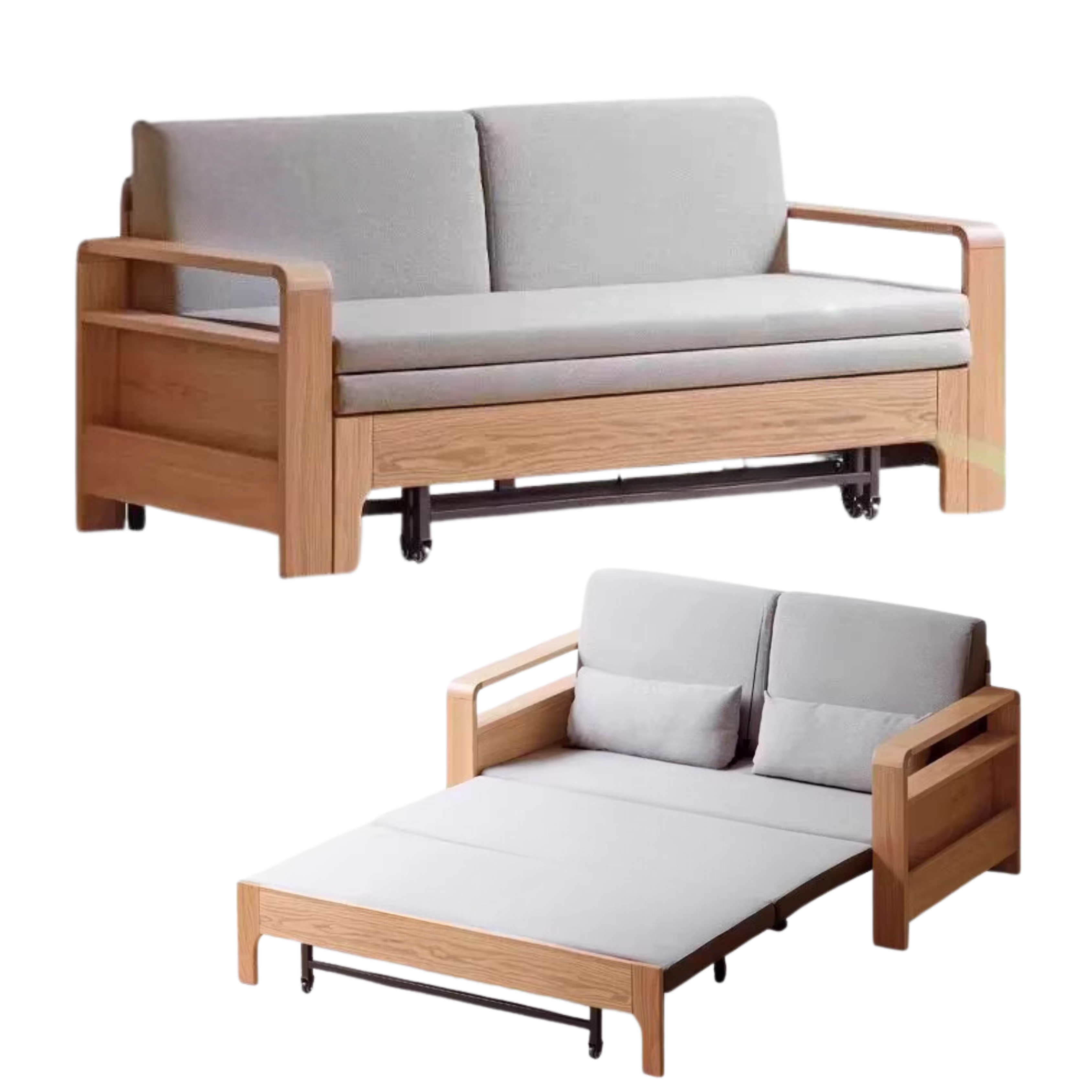 Solid Wood Sleeper Sofa - Beech & Oak Multi-Functional Convertible Sofa Bed for Living Room, Guest Room & Small Spaces