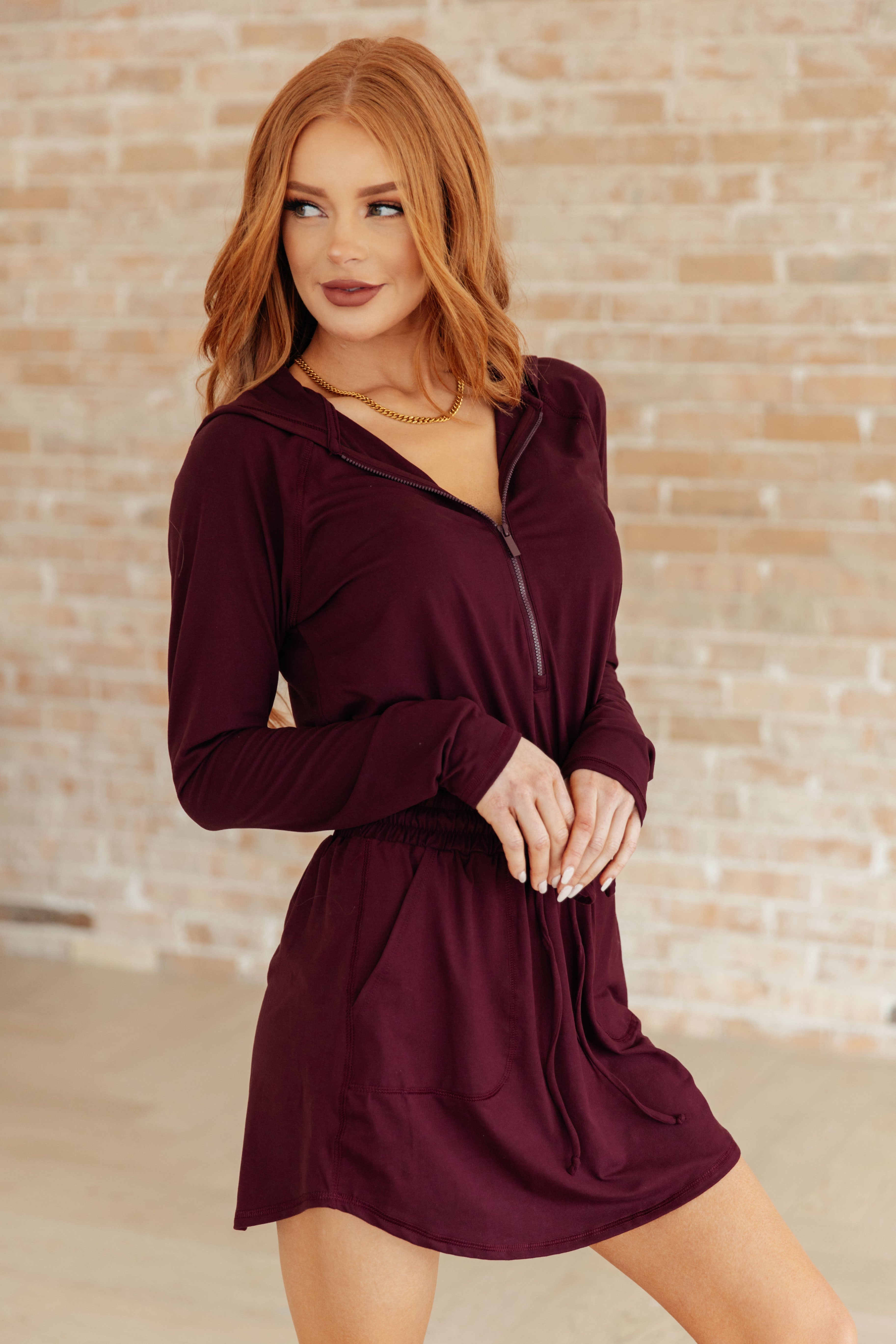 Stylish Maroon Long Sleeve Hoodie Romper for Women - Comfortable Jumpsuit for Casual Outings, Lounge Wear & Fall Fashion