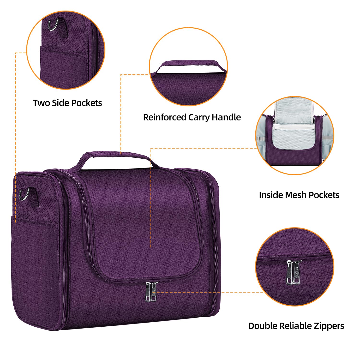 Buruis Large Hanging Toiletry Bag for Women & Men - Waterproof Cosmetic Organizer with Extra Capacity for Travel Essentials, Makeup, Full-Sized Toiletries (Purple) - Perfect for Air Travel, Camping & Gym Use