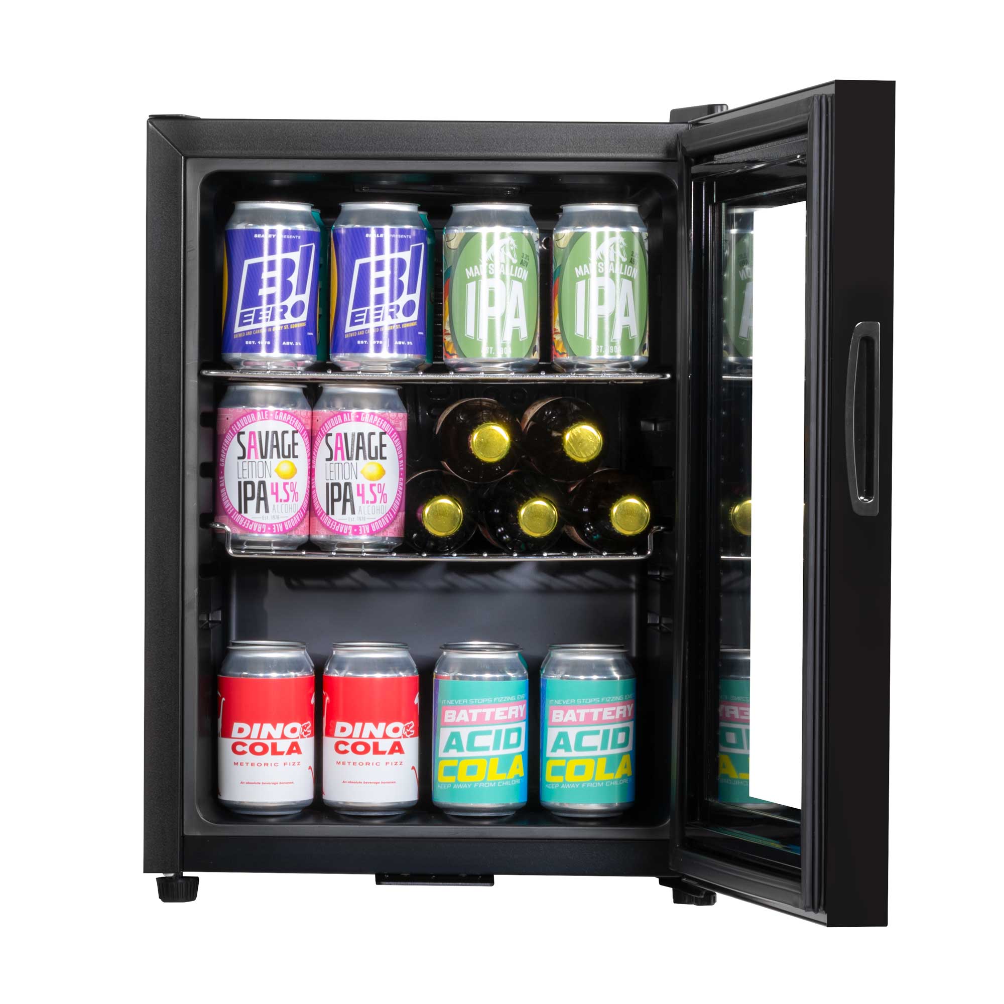 Baridi 40L Mini Fridge with LED Light - Compact Beverage Cooler for Beer, Wine & Soda - Black Glass Door Refrigerator for Home, Office & Dorm - Energy Efficient Cooling (Model DH98)