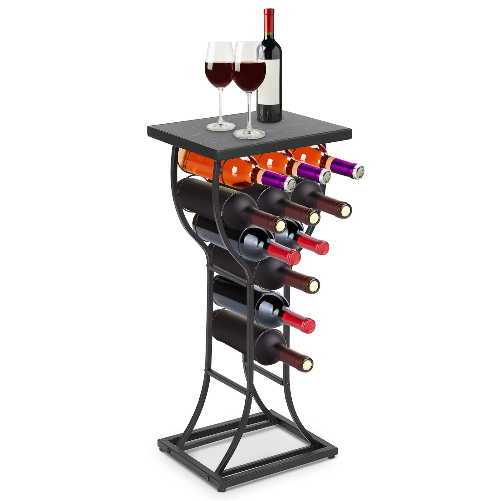 Wakects Wine Rack with Marble Top Table - 11 Bottle Wine Storage Cabinet & Organizer Display - Metal Wine Furniture for Kitchen, Dining Room, or Wine Cellar