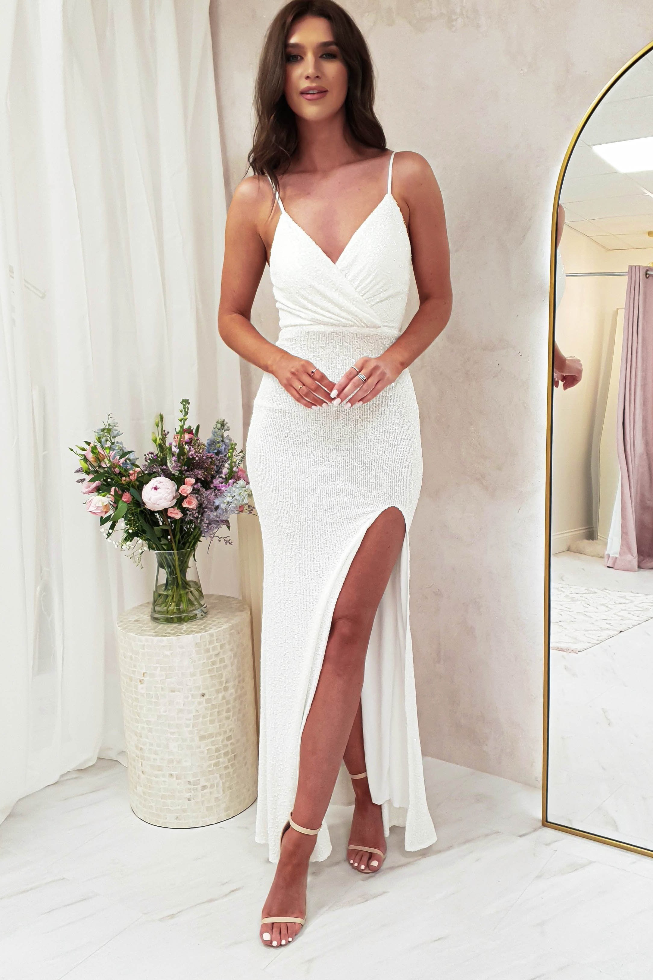 Mulan Sequin Gown | Elegant White Prom Dress for Women | Perfect for Homecoming, Evening Parties & Special Occasions