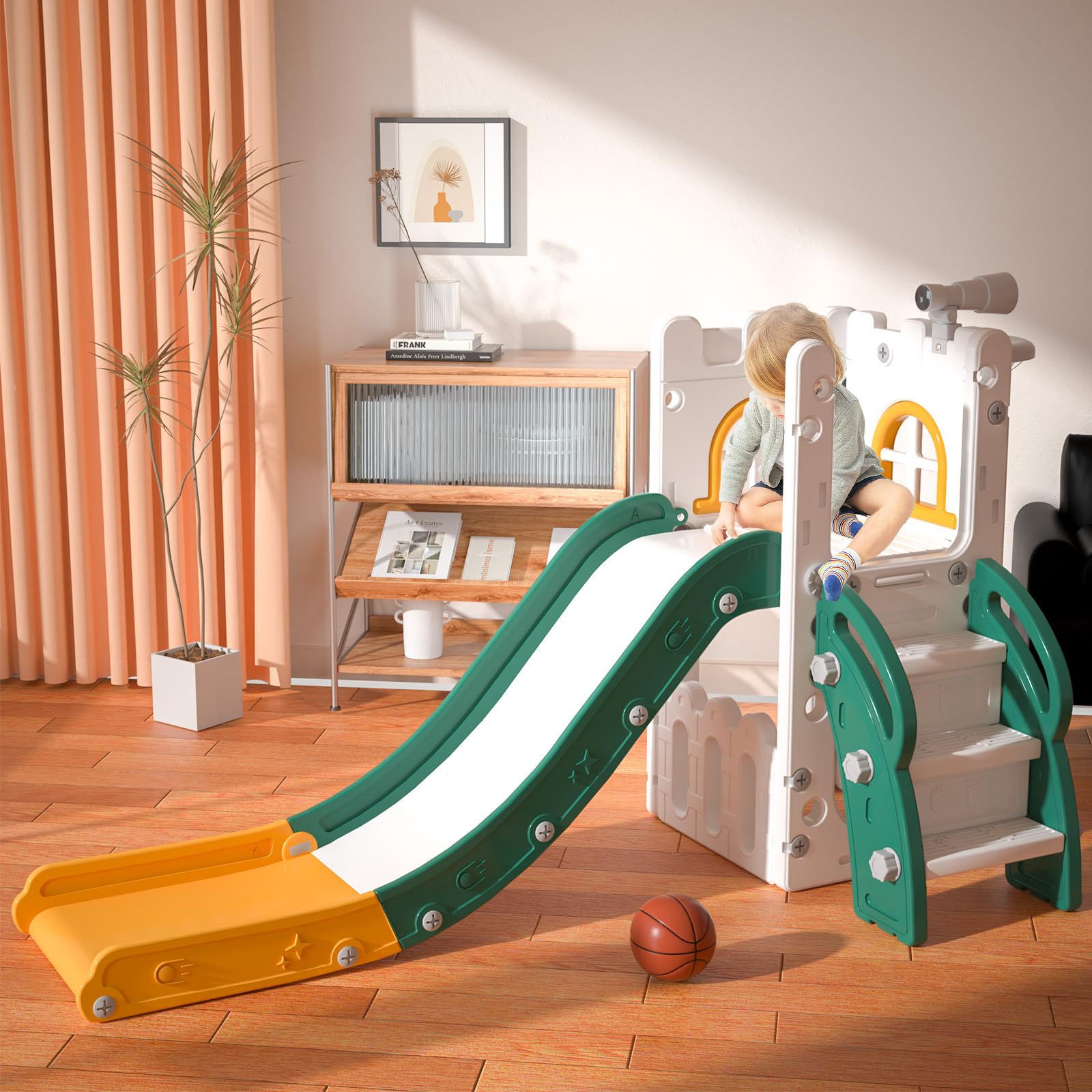 MOCUTEEN 6-in-1 Toddler Slide & Playset with Basketball Hoop, Storage, Telescope - Indoor/Outdoor Climbing Toys for Kids | Perfect for Backyard, Playroom & Preschool Playground Activities