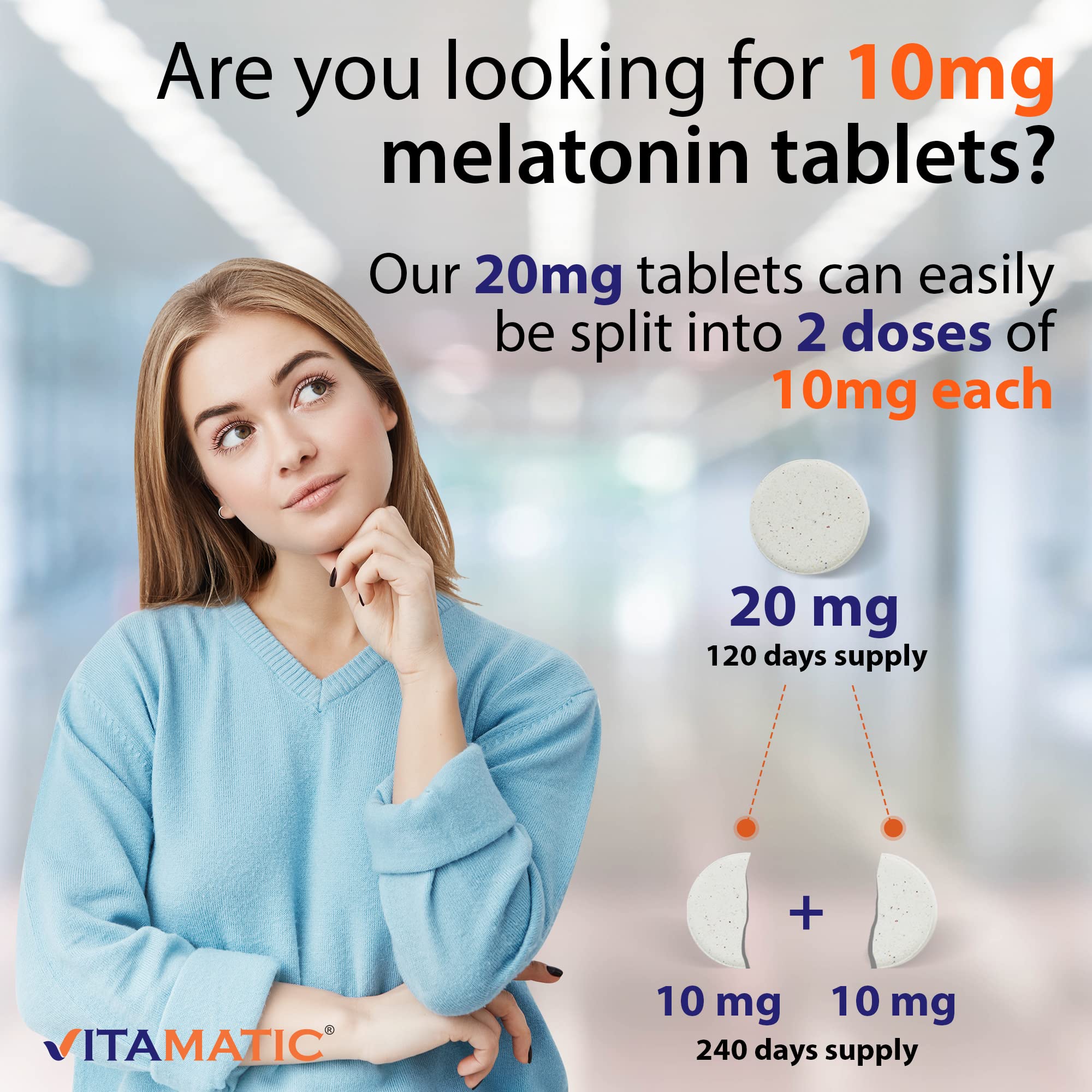 Vitamatic Melatonin 20 mg Tablets - Vegetarian, Non-GMO, Gluten Free Sleep Aid | High Potency 20 MG with Natural Berry Flavor | 120 Count (12 Pack) for Wholesale | Supports Restful Sleep, Jet Lag Relief & Night Shift Workers