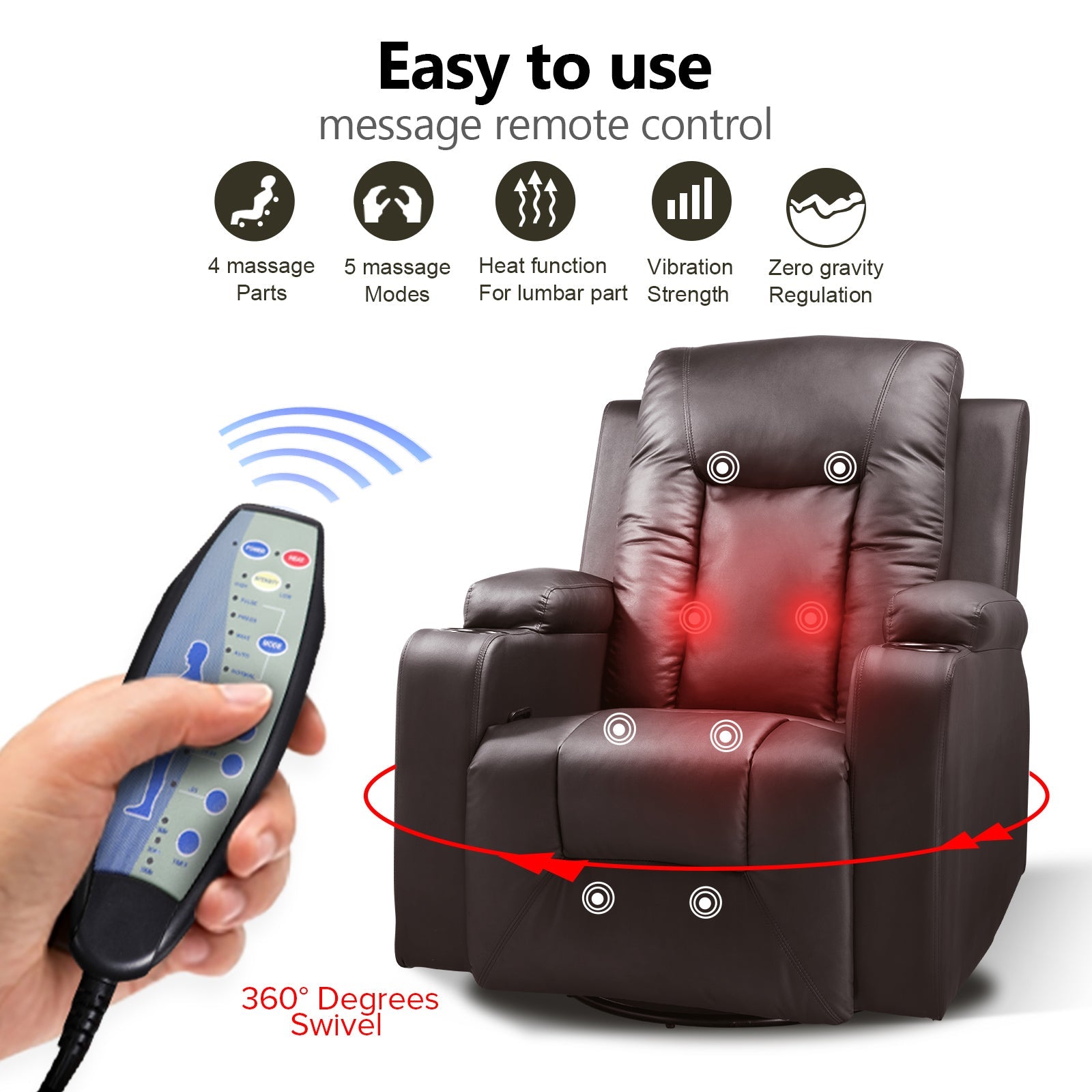 COMHOMA PU Leather Recliner Chair with Heat and Massage - Swivel Rocking Chair for Adults, Single Sofa Seat with Cup Holders & Side Pockets - Perfect for Living Room, Bedroom, Home Theater & Relaxation (Black)