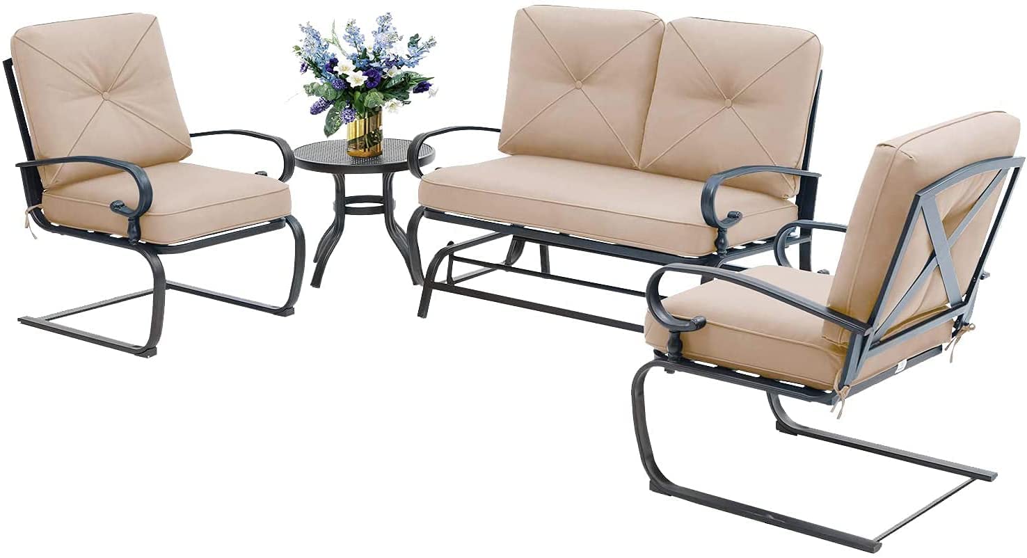 4Pcs Outdoor Metal Patio Conversation Set with Glider, Bistro Table & 2 Spring Lounge Chairs - Wrought Iron Furniture for Garden, Porch, Backyard (Brown) | Perfect for Relaxing, Entertaining & Outdoor Dining