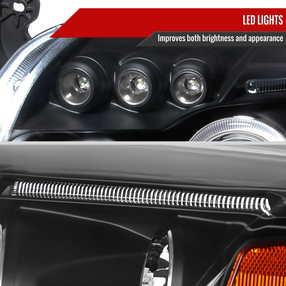 2007-2012 Dodge Caliber Black LED Halo Projector Headlights Pair - Left & Right Headlamps for Enhanced Night Driving & Custom Style