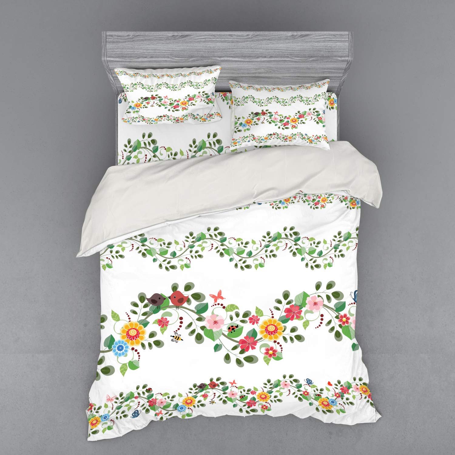 Ambesonne Green Floral Bedding Set - 4 Piece Queen Size Duvet Cover with Shams & Fitted Sheet, Vintage Abstract Foliage Design for Romantic Bedroom Decor | Perfect for Master Bedrooms, Guest Rooms & Bohemian Style Homes